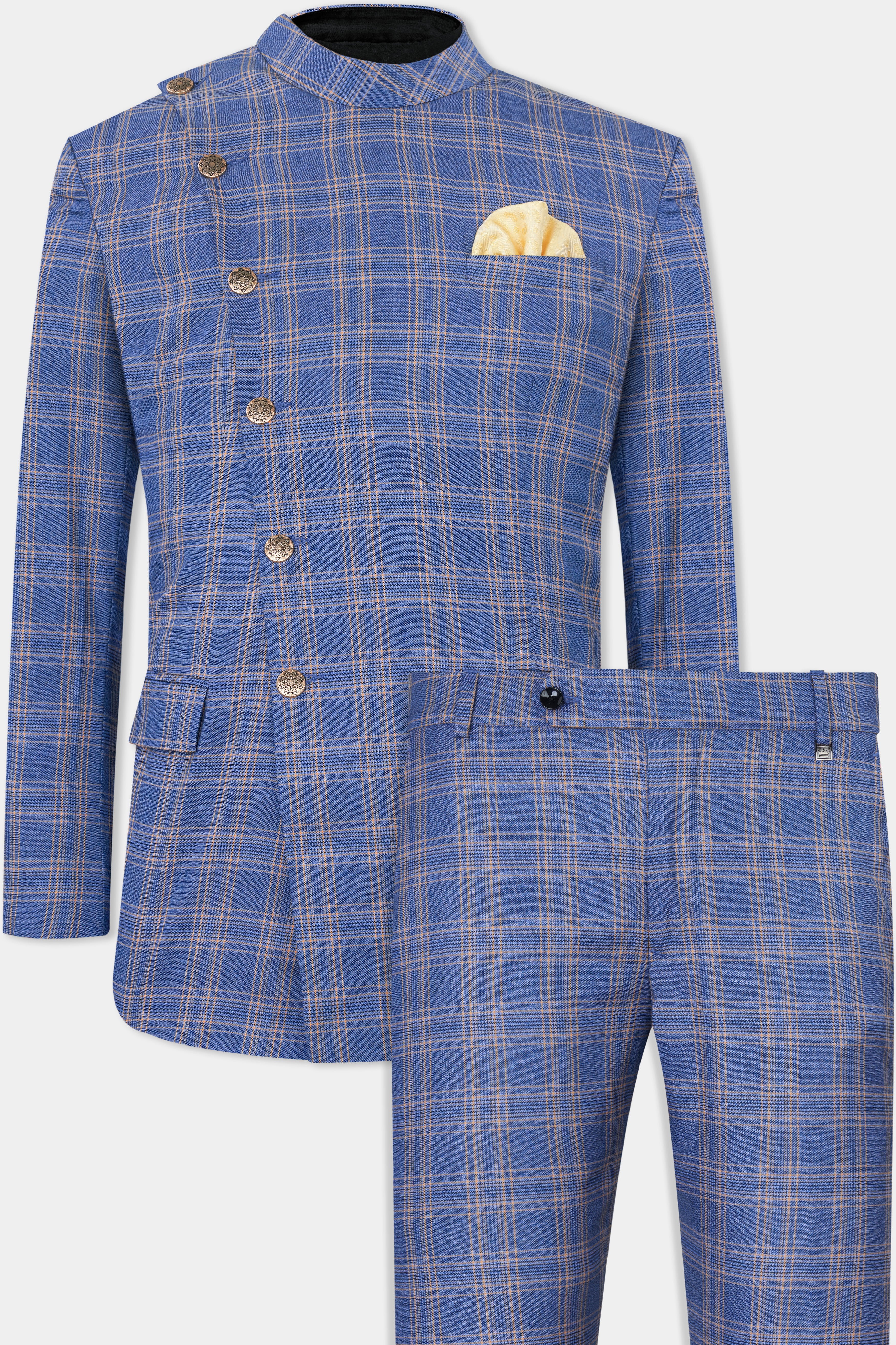 Scampi Blue and Muesli Brown Plaid Wool Rich Cross Buttoned Bandhgala Suit ST2771-CBG2-36,ST2771-CBG2-38,ST2771-CBG2-40,ST2771-CBG2-42,ST2771-CBG2-44,ST2771-CBG2-46,ST2771-CBG2-48,ST2771-CBG2-50,ST2771-CBG2-52,ST2771-CBG2-54,ST2771-CBG2-56,ST2771-CBG2-58,ST2771-CBG2-60