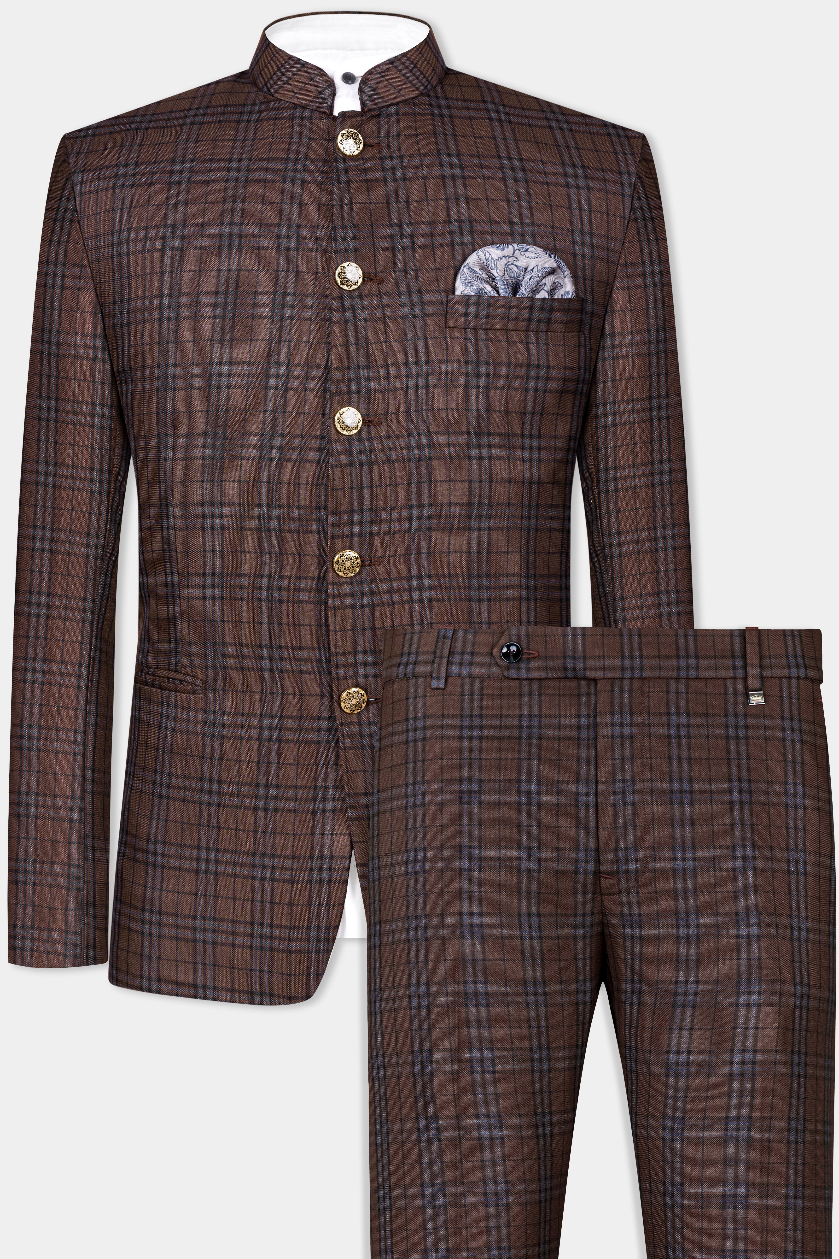 Gingerbread Brown and Haiti Blue Plaid Wool Rich Bandhgala Suit