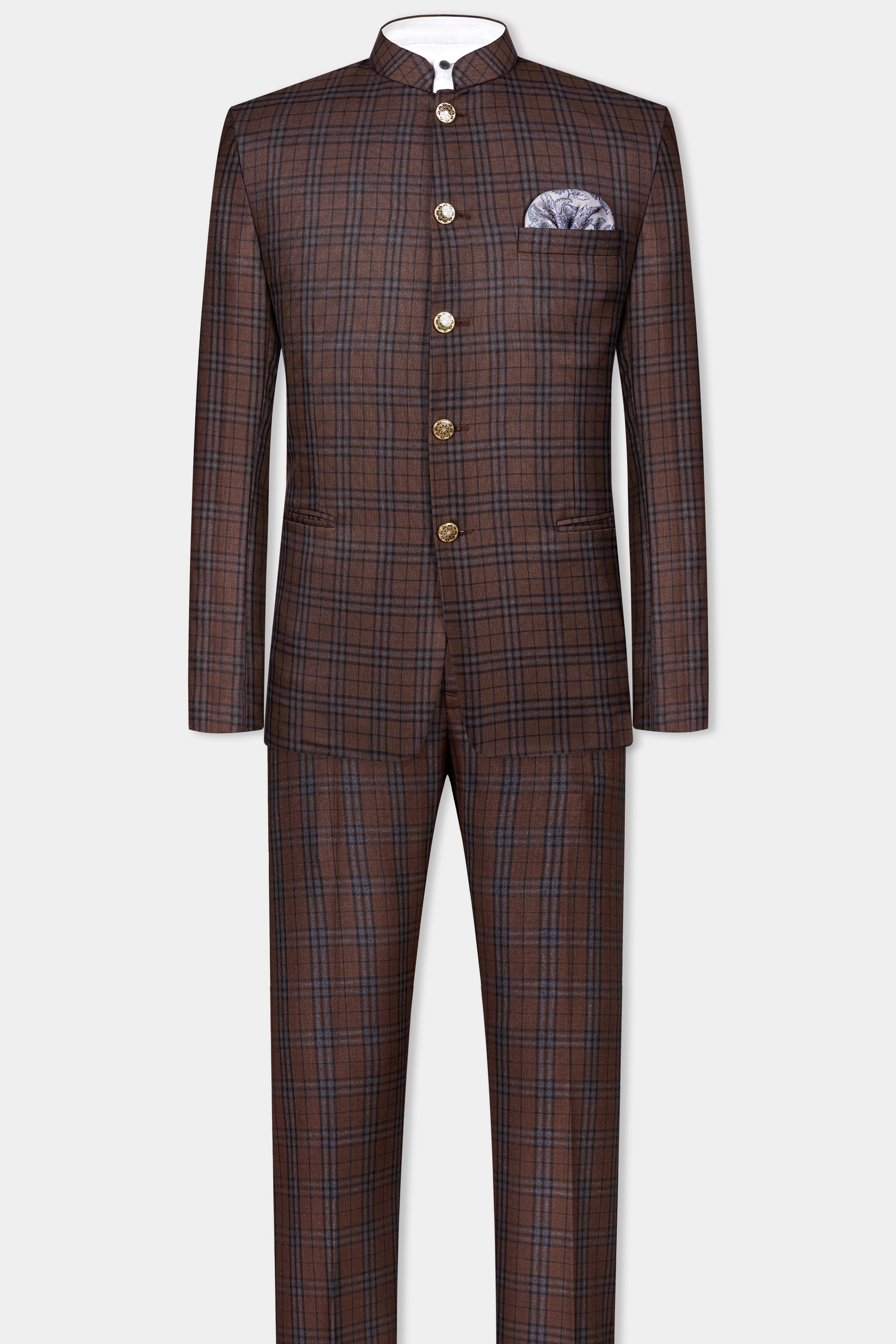 Gingerbread Brown and Haiti Blue Plaid Wool Rich Bandhgala Suit
