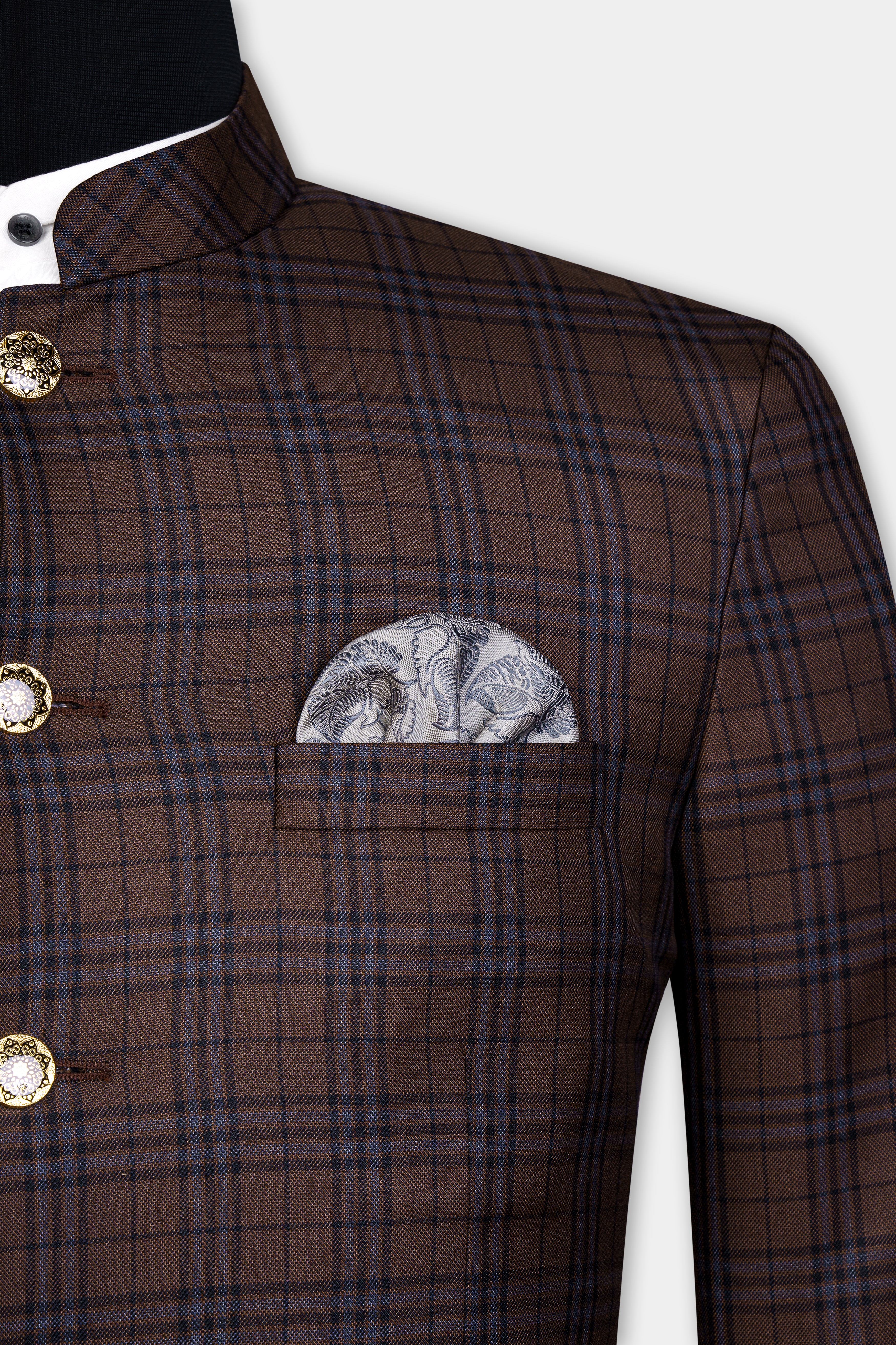 Gingerbread Brown and Haiti Blue Plaid Wool Rich Bandhgala Suit