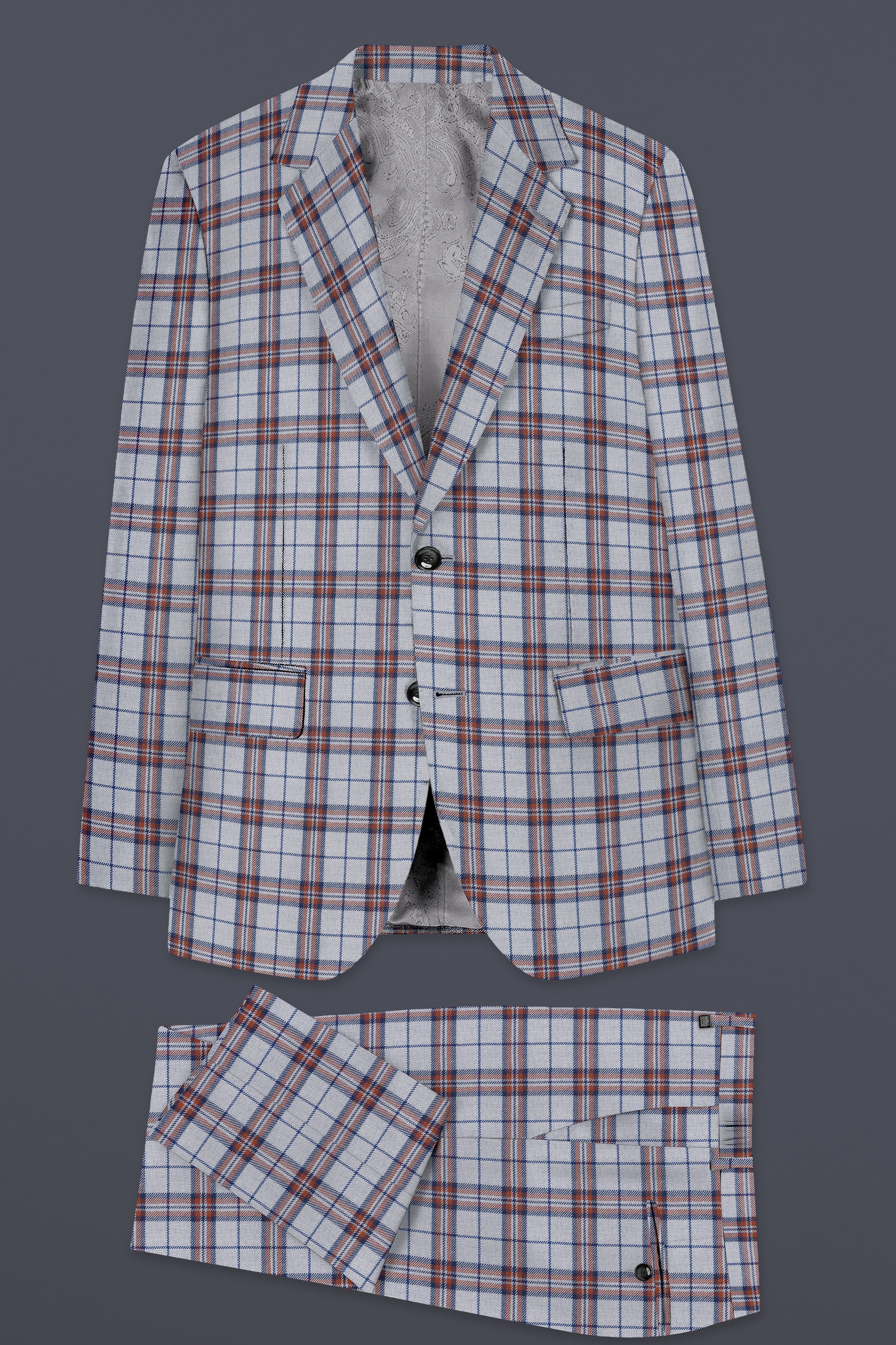 Cadet Grey with Maroon and Blue Plaid Tweed Suit