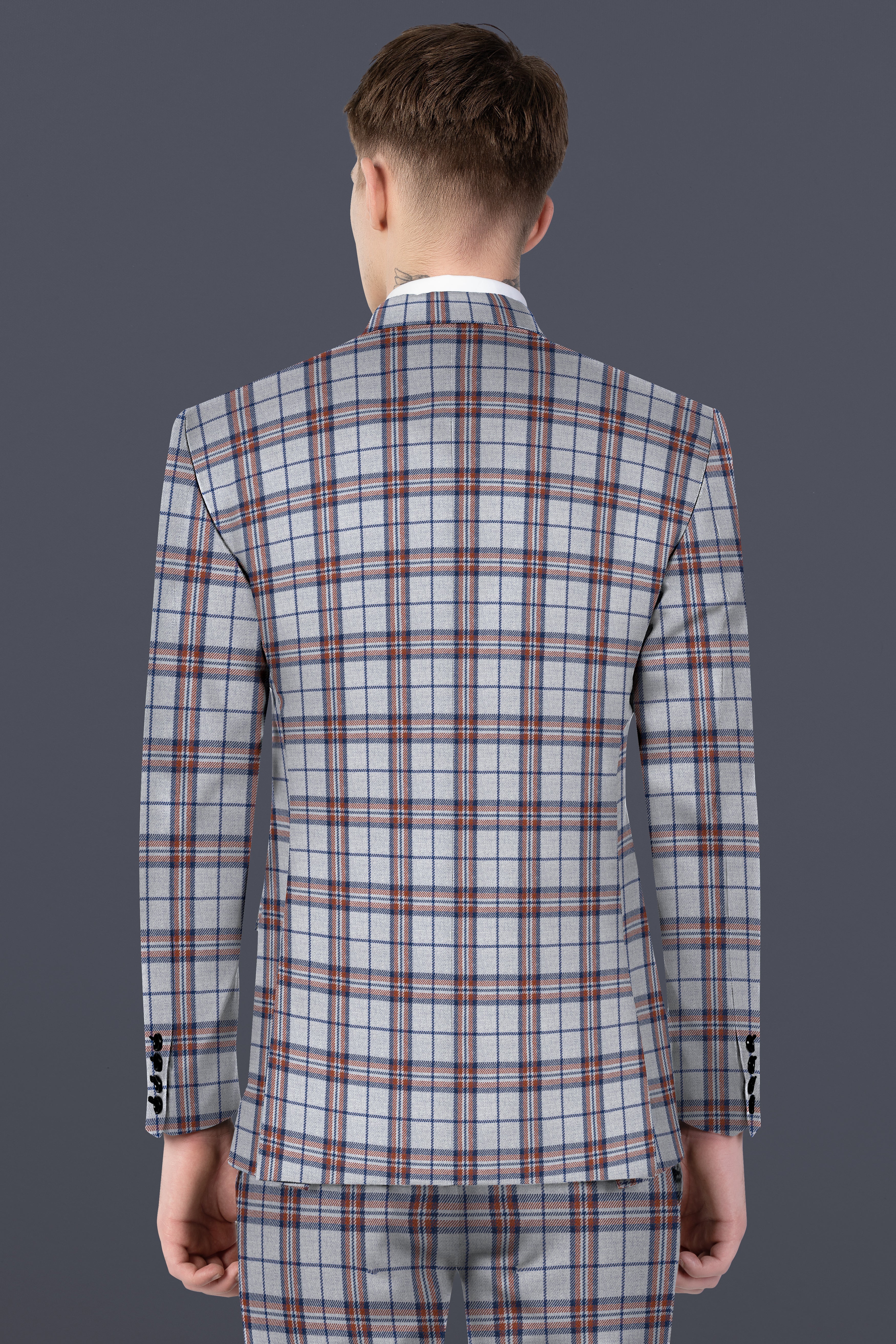Cadet Grey with Maroon and Blue Plaid Tweed Suit