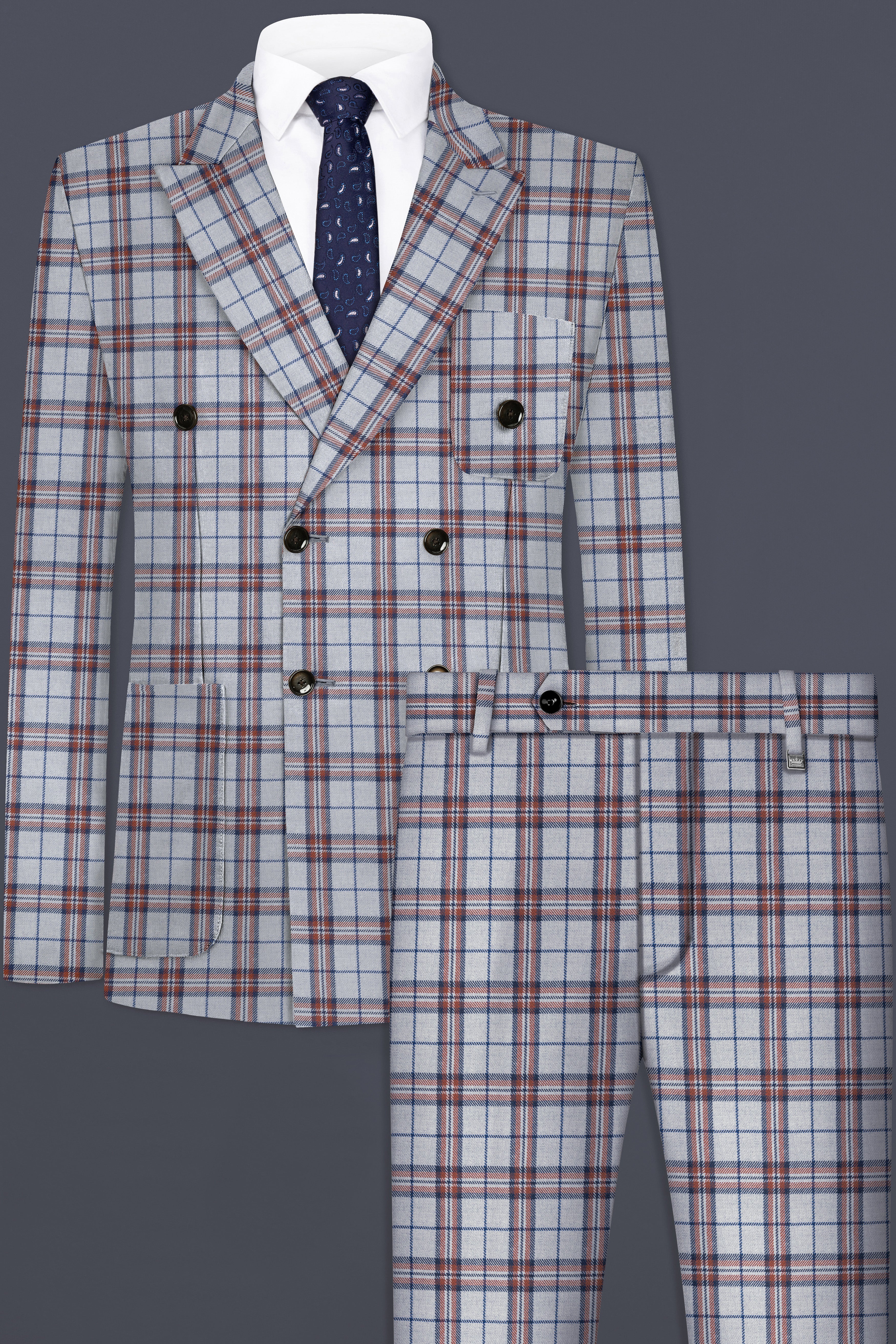 Cadet Grey with Maroon and Blue Plaid Double Breasted Tweed Suit