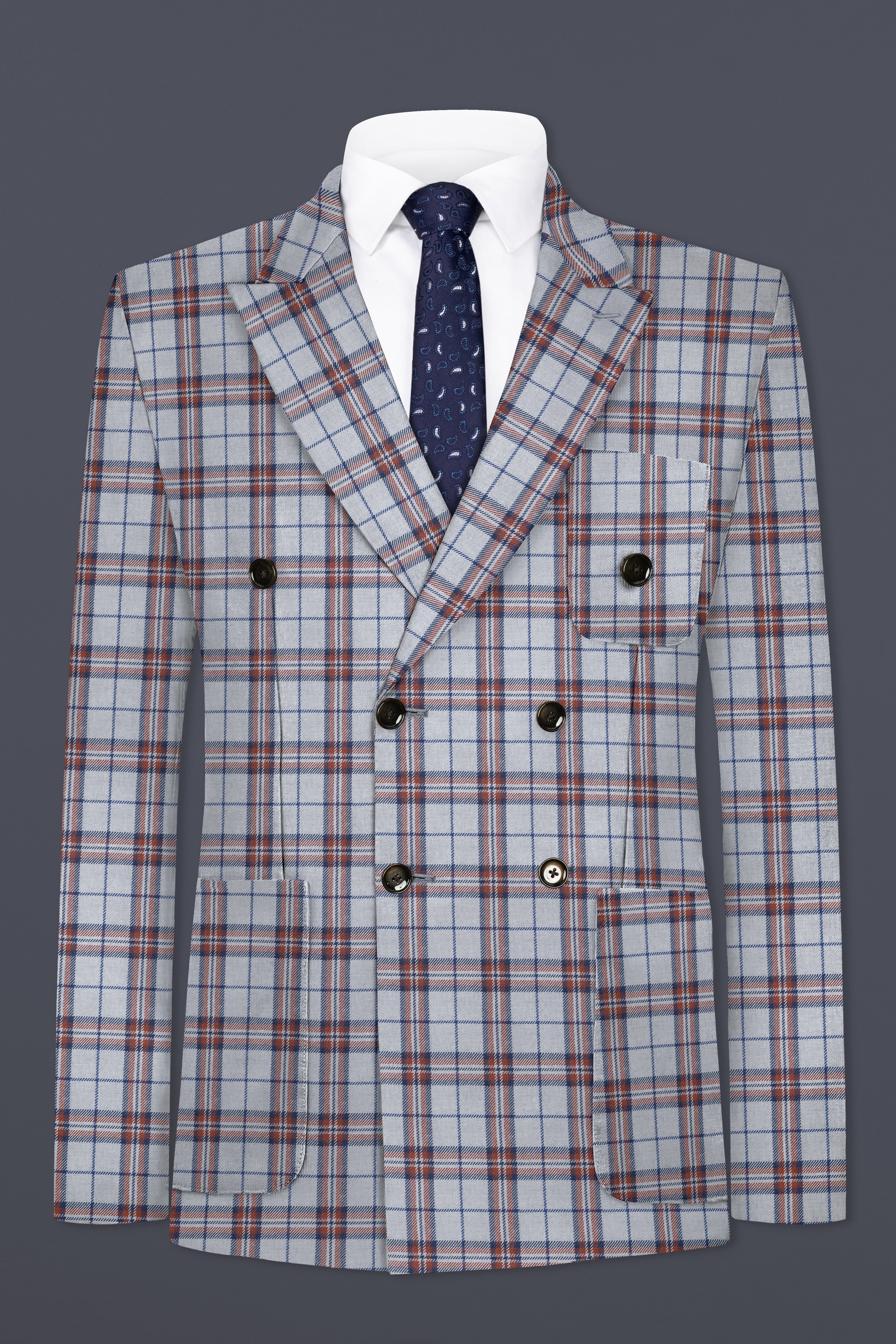 Cadet Grey with Maroon and Blue Plaid Double Breasted Tweed Suit