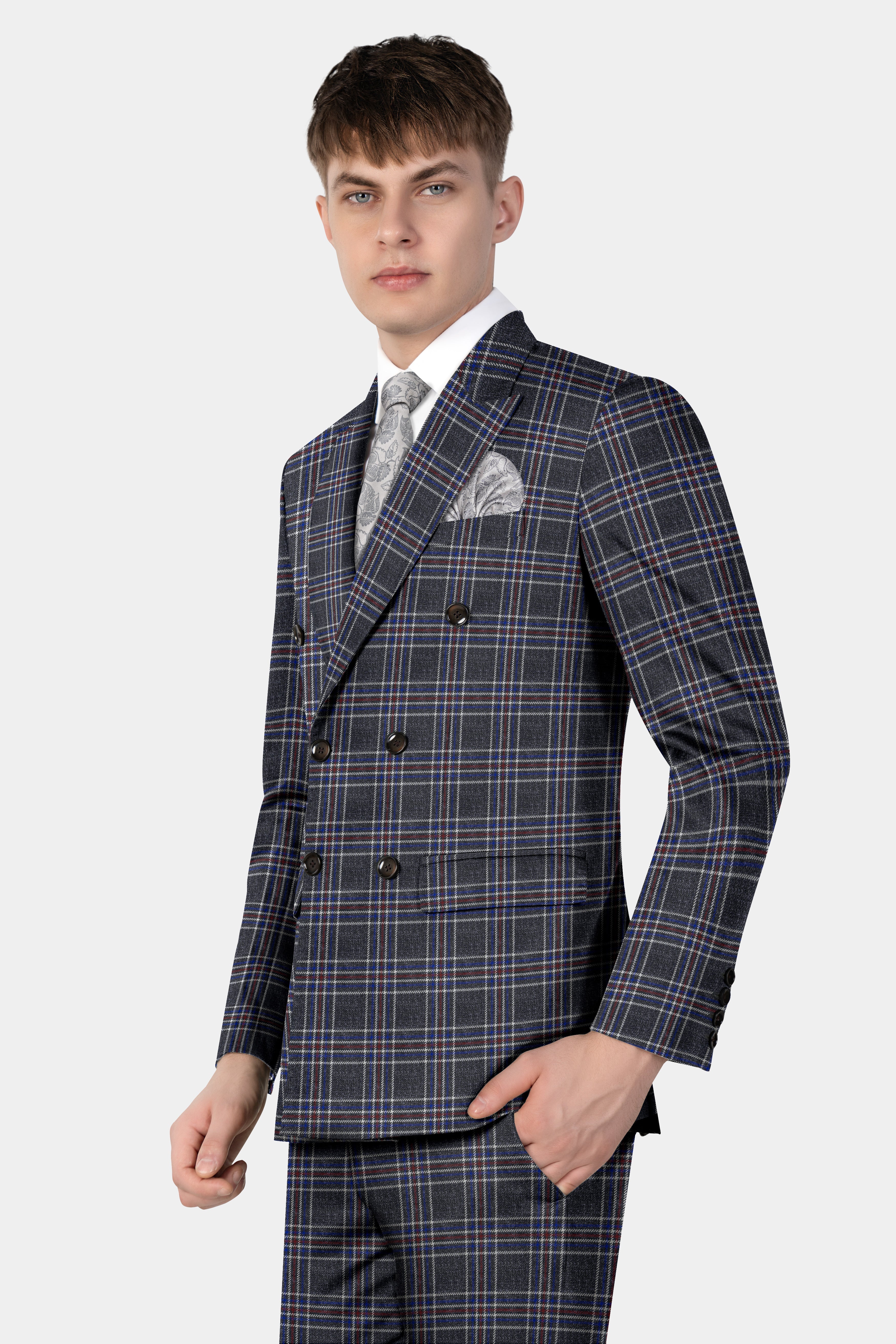 Tuatara Gray Multicolour Plaid Double Breasted Tweed Suit