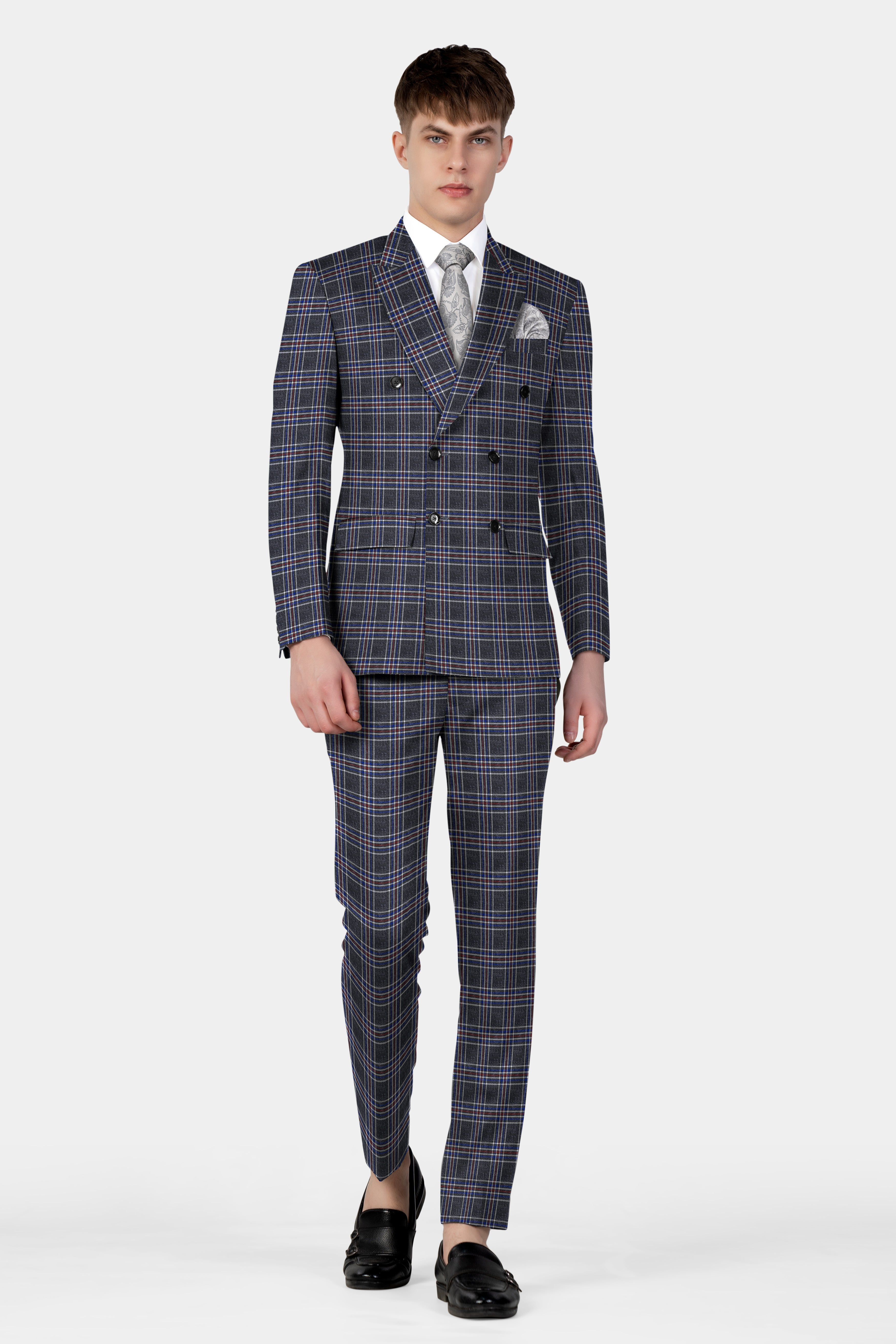 Tuatara Gray Multicolour Plaid Double Breasted Tweed Suit