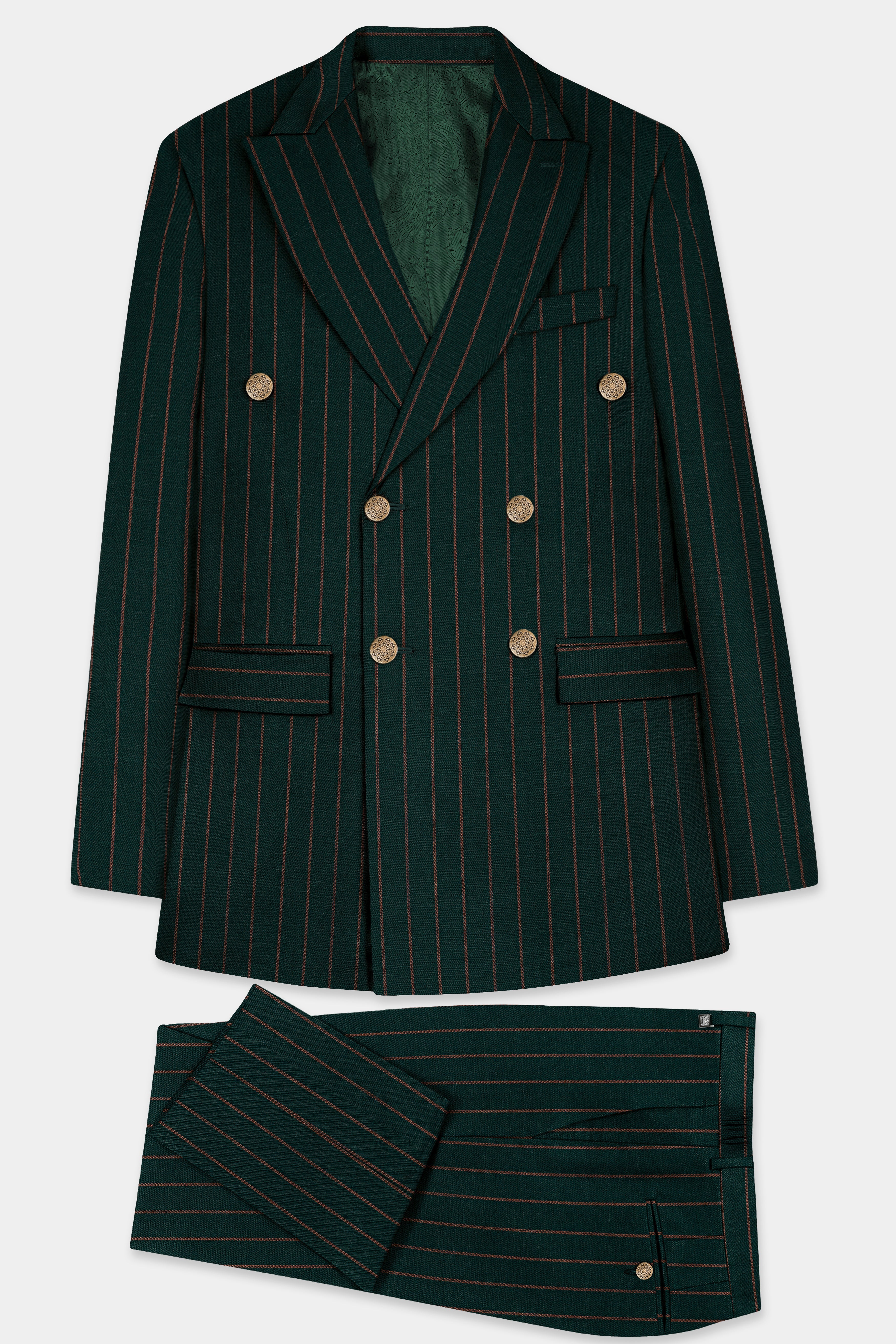 Swamp Green Striped Wool Blend Double Breasted Suit