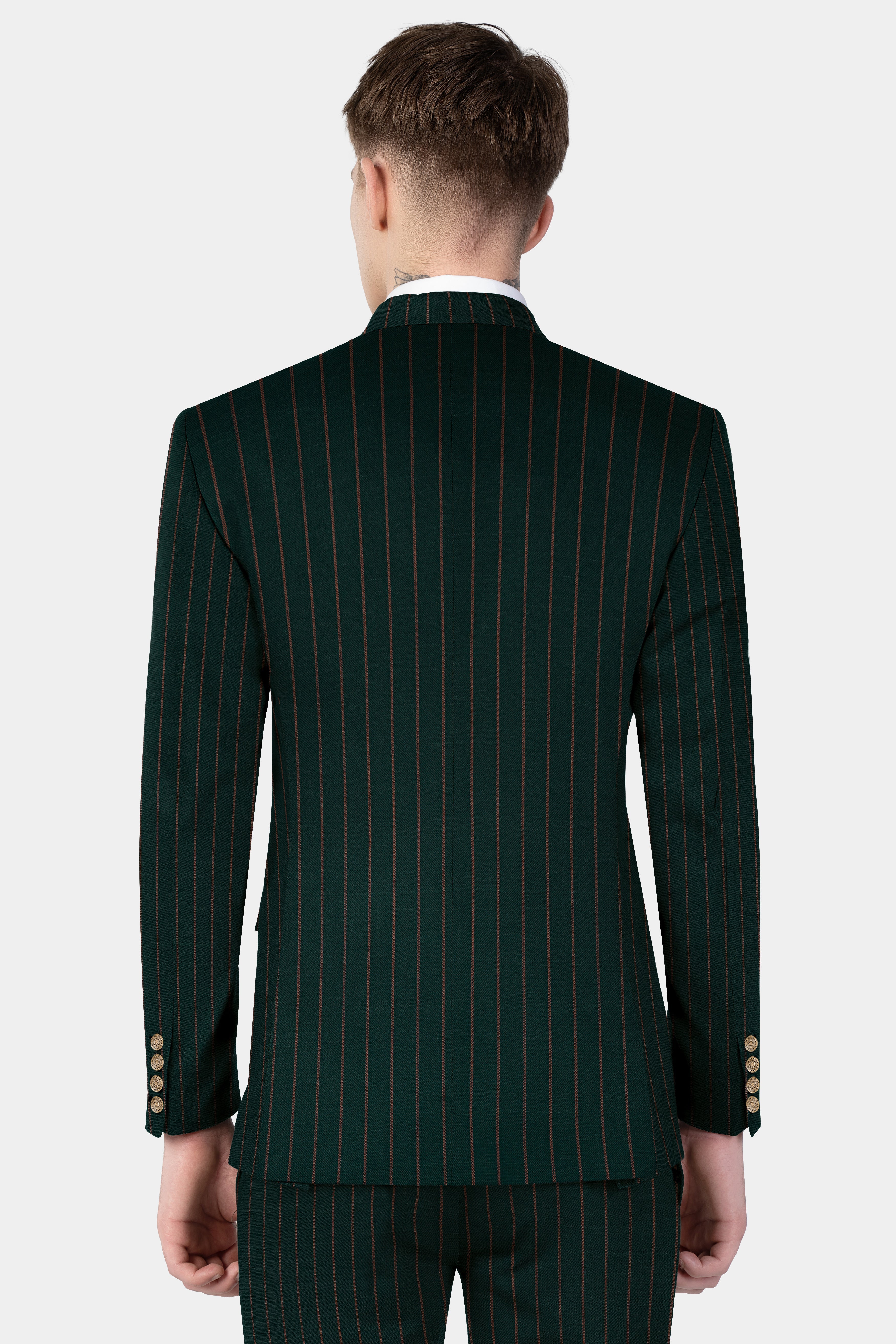 Swamp Green Striped Wool Blend Double Breasted Suit