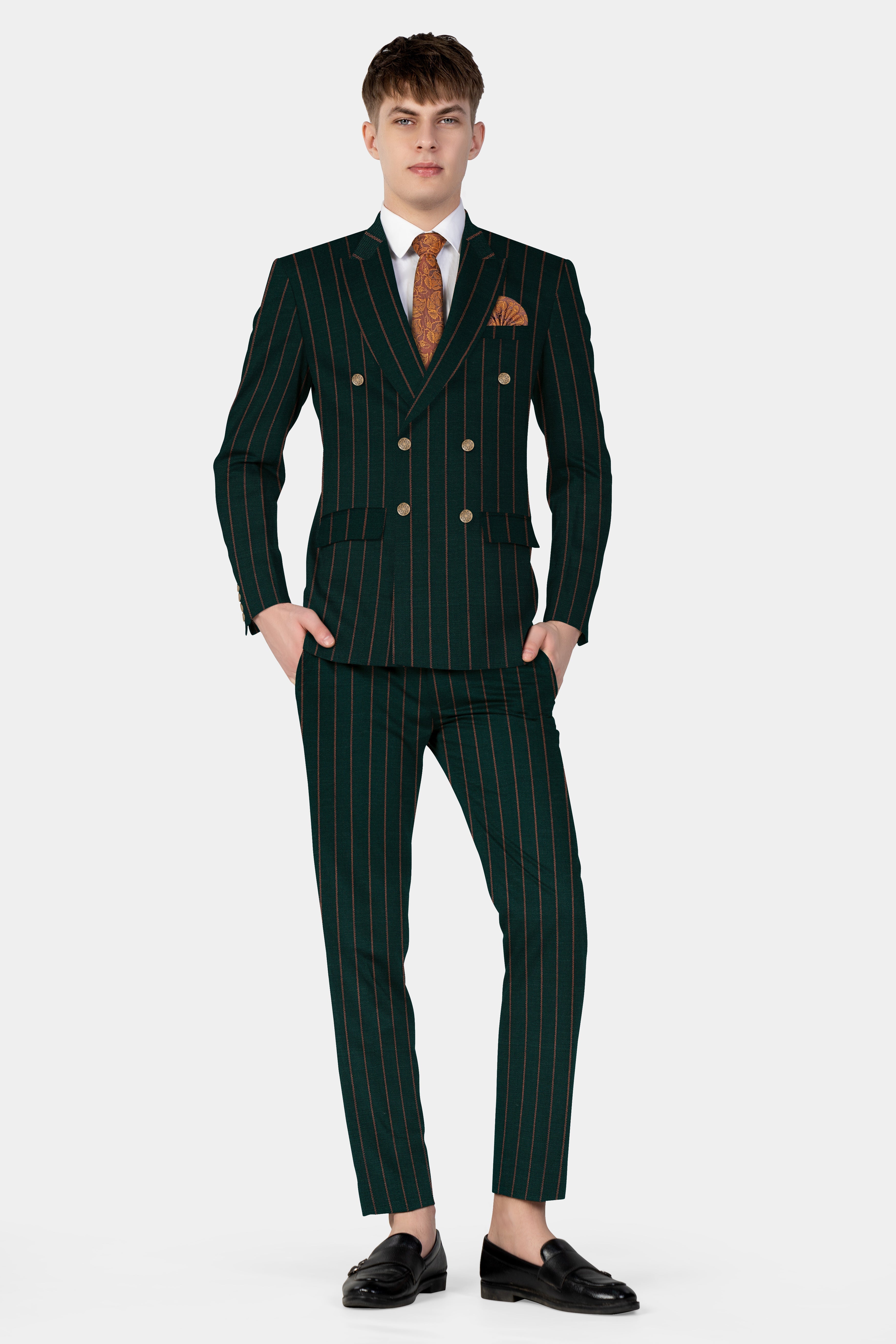 Swamp Green Striped Wool Blend Double Breasted Suit