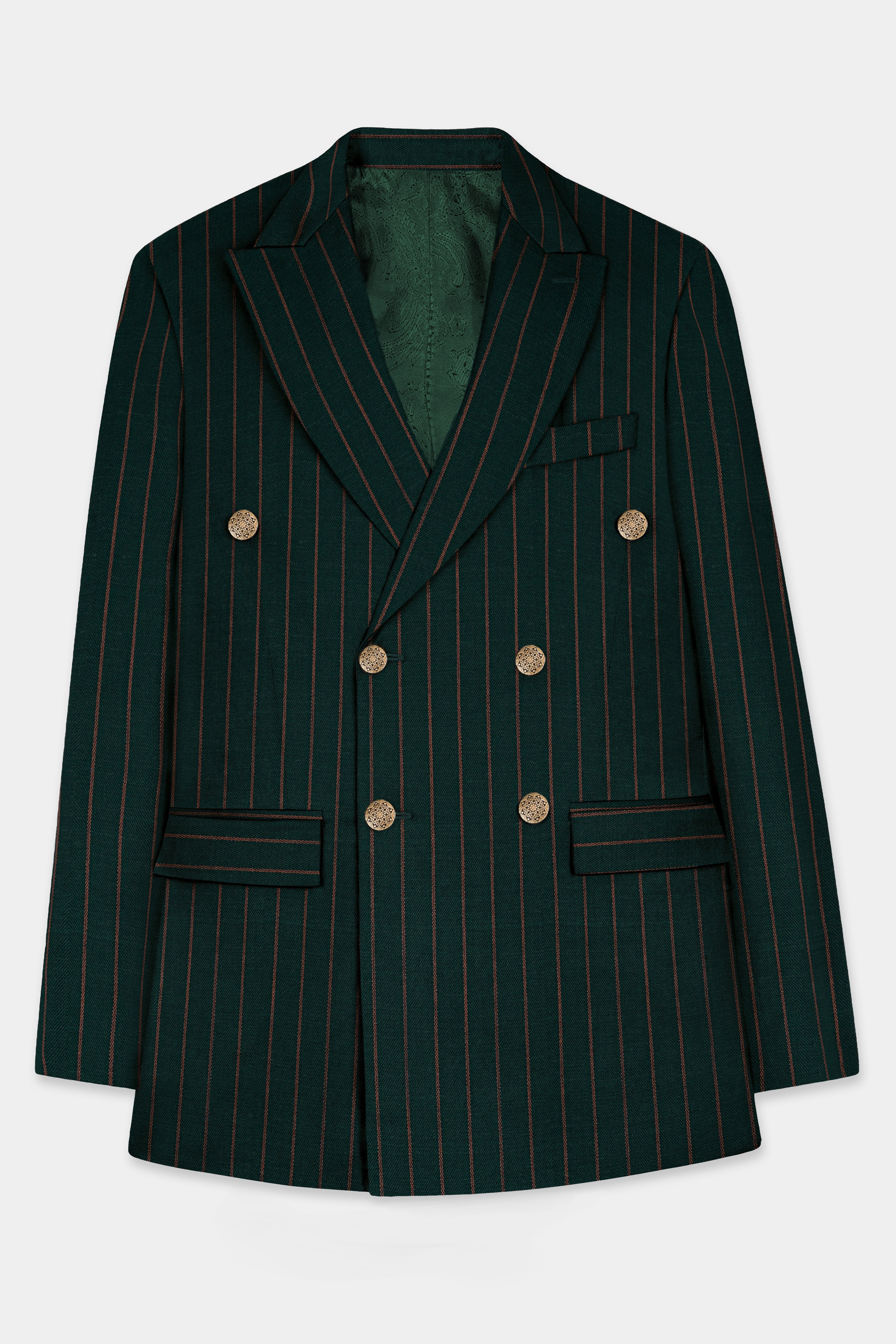 Swamp Green Striped Wool Blend Double Breasted Suit