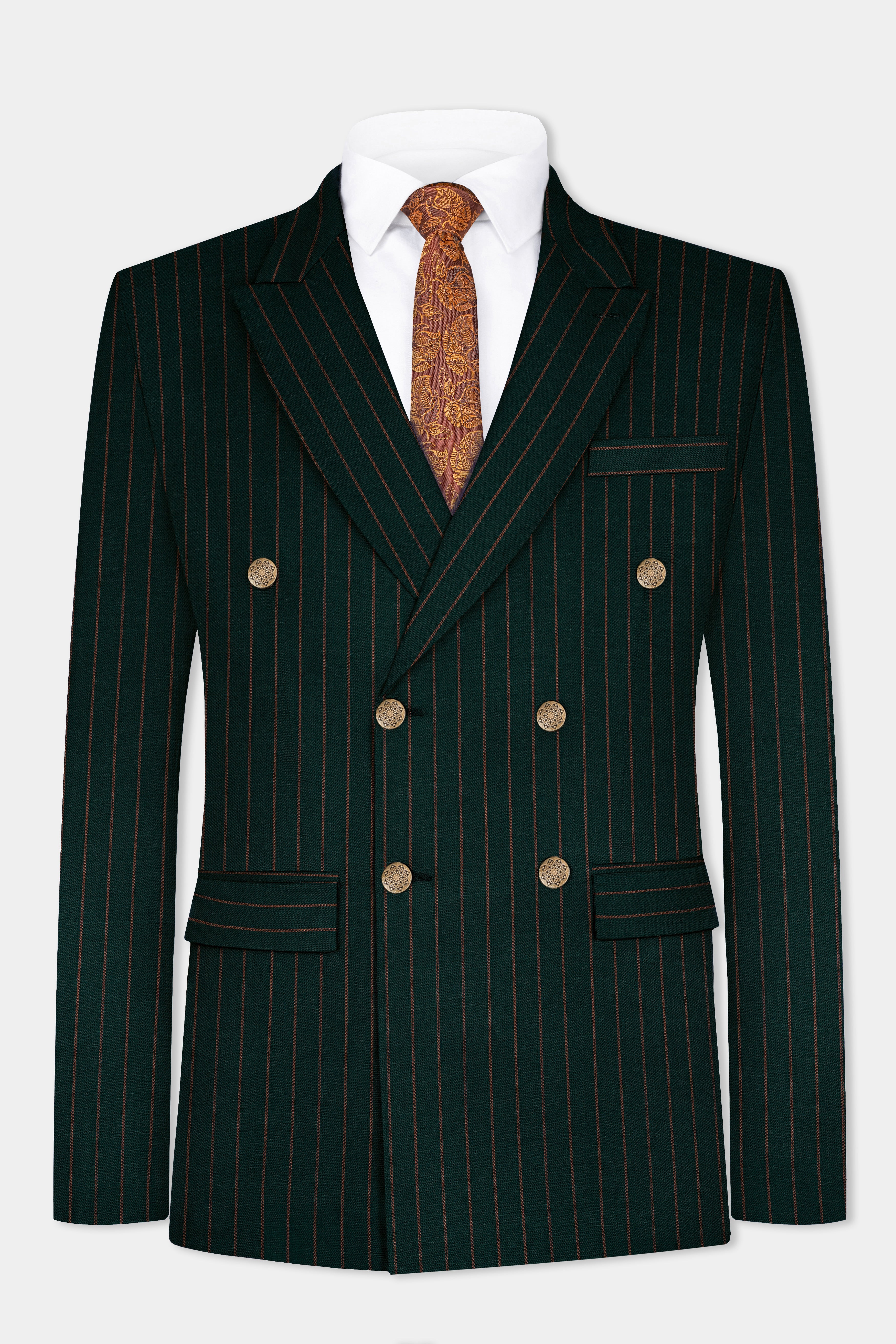 Swamp Green Striped Wool Blend Double Breasted Suit