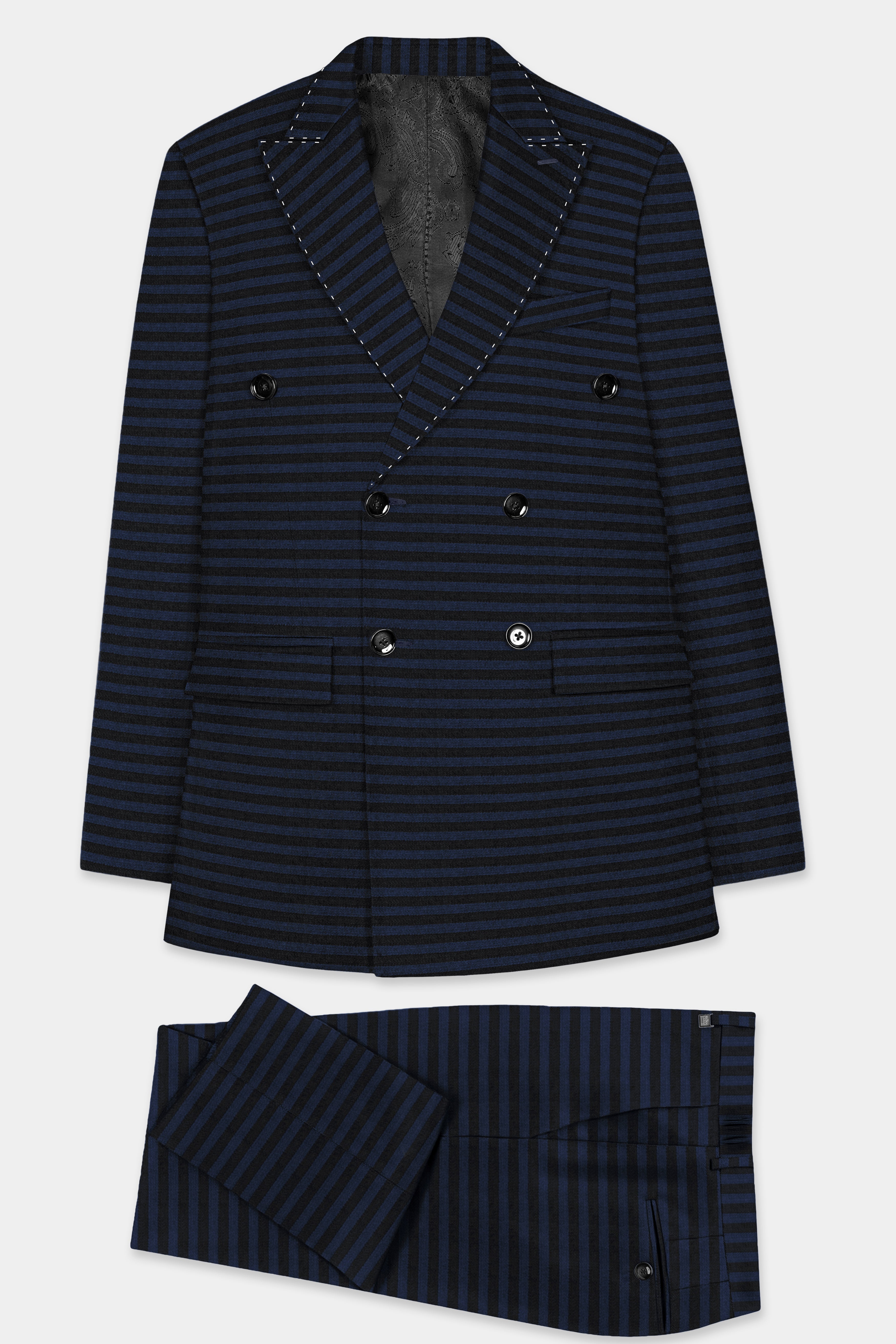 Mirage Blue and Black Horizontal Striped Wool Blend Suit