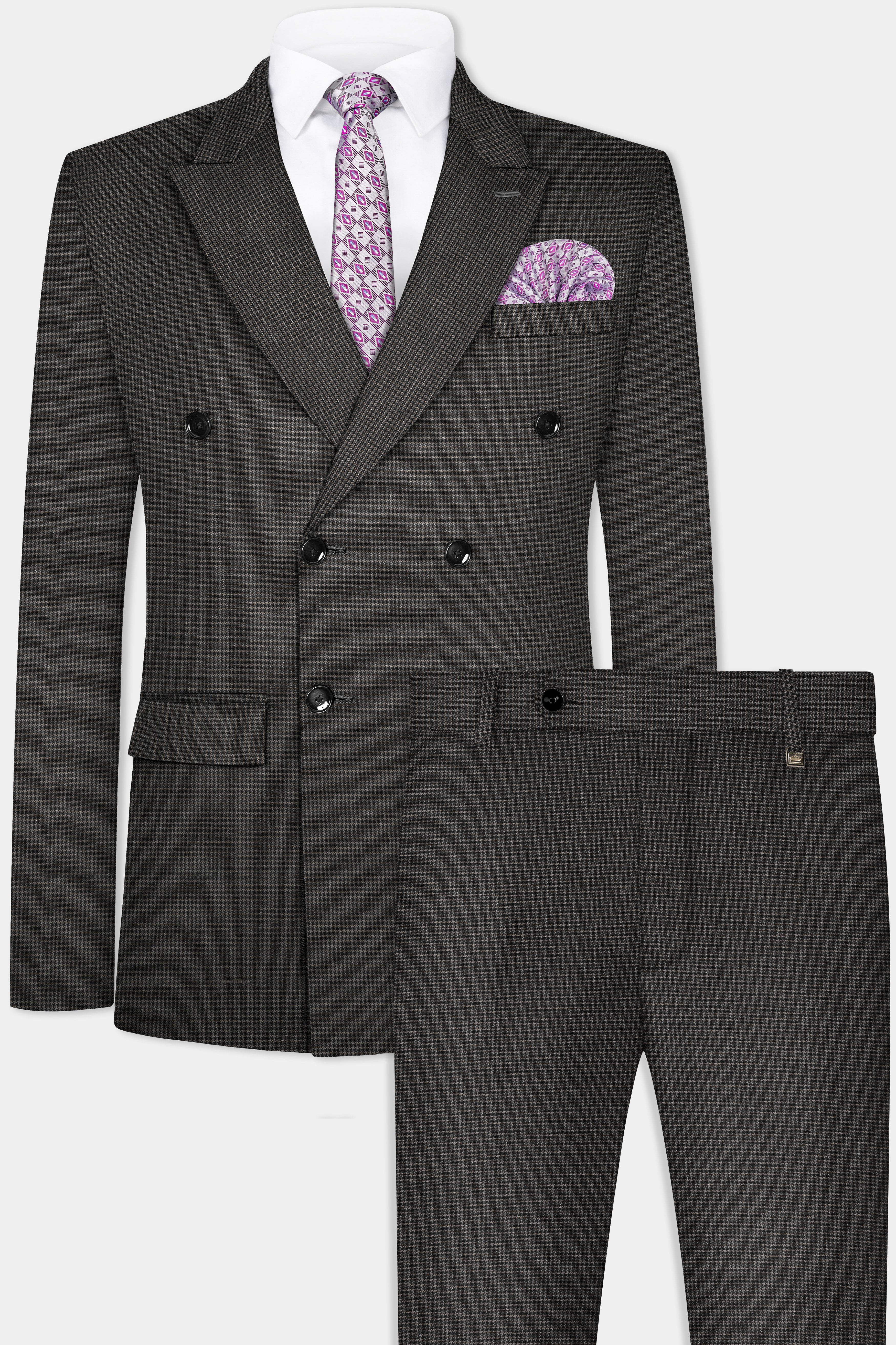 Iridium Brown Micro Checkered Wool Blend Double Breasted Suit