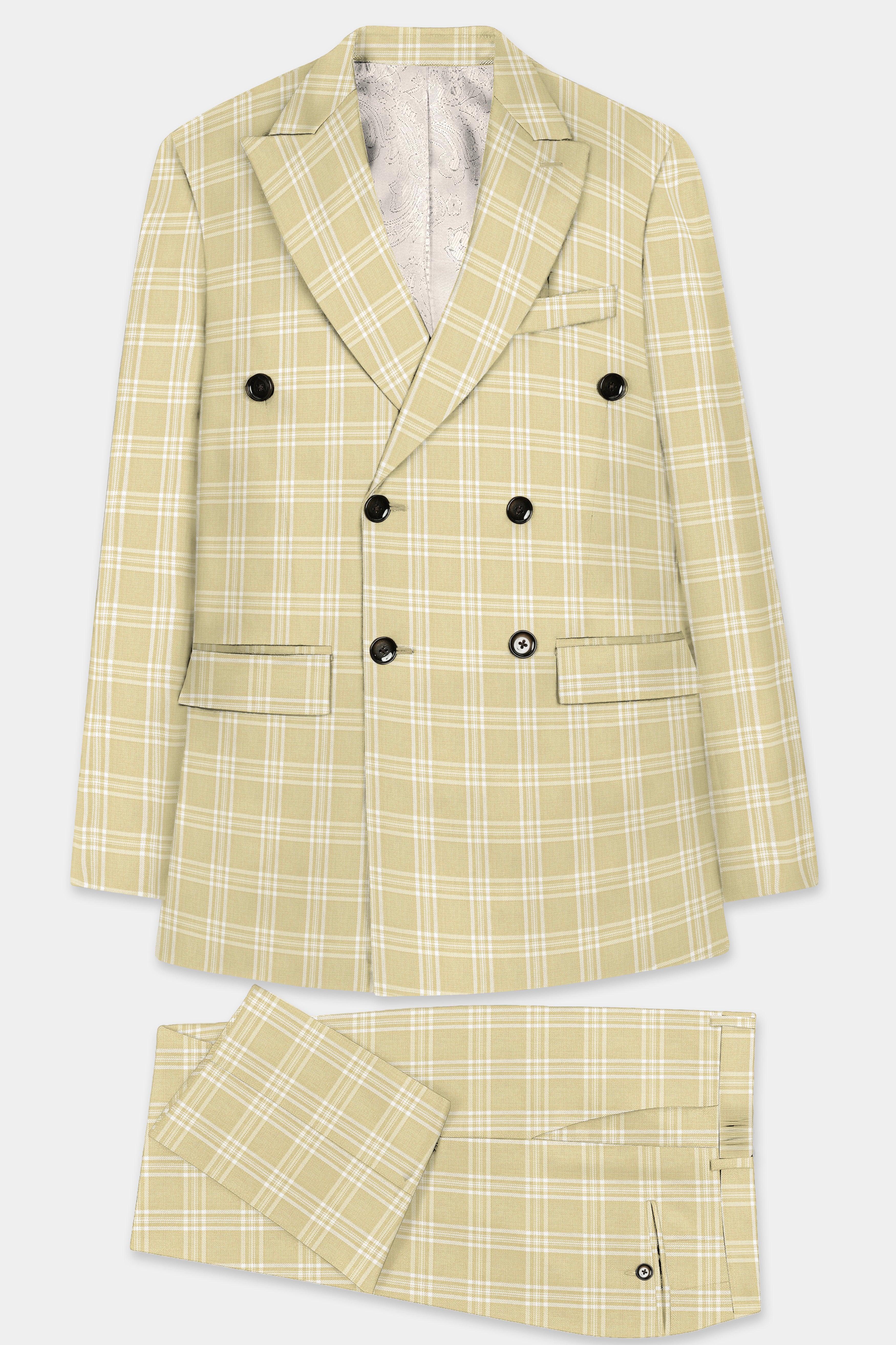 Desert Sand Cream Plaid Wool Blend Double Breasted Suit