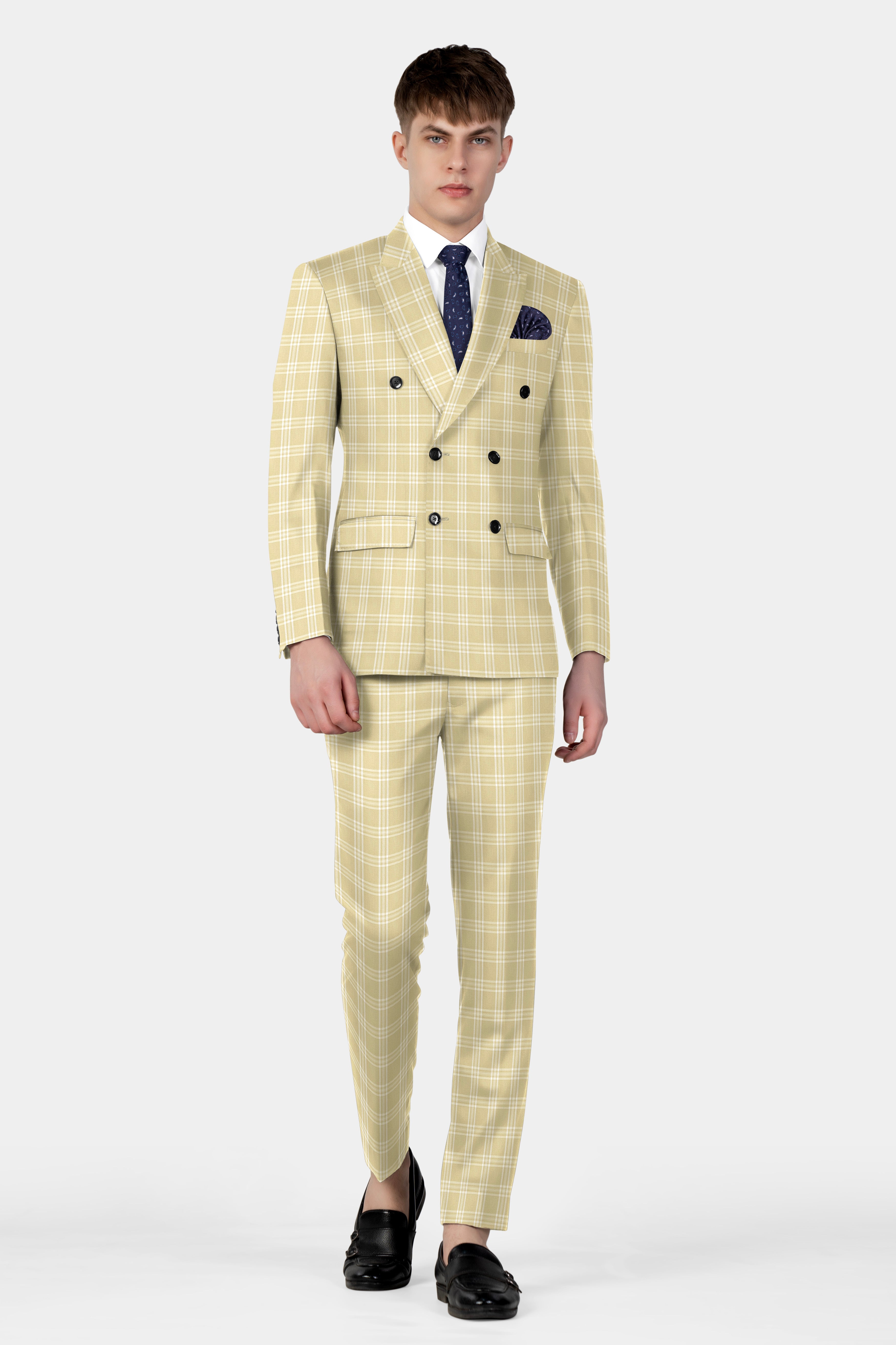 Desert Sand Cream Plaid Wool Blend Double Breasted Suit