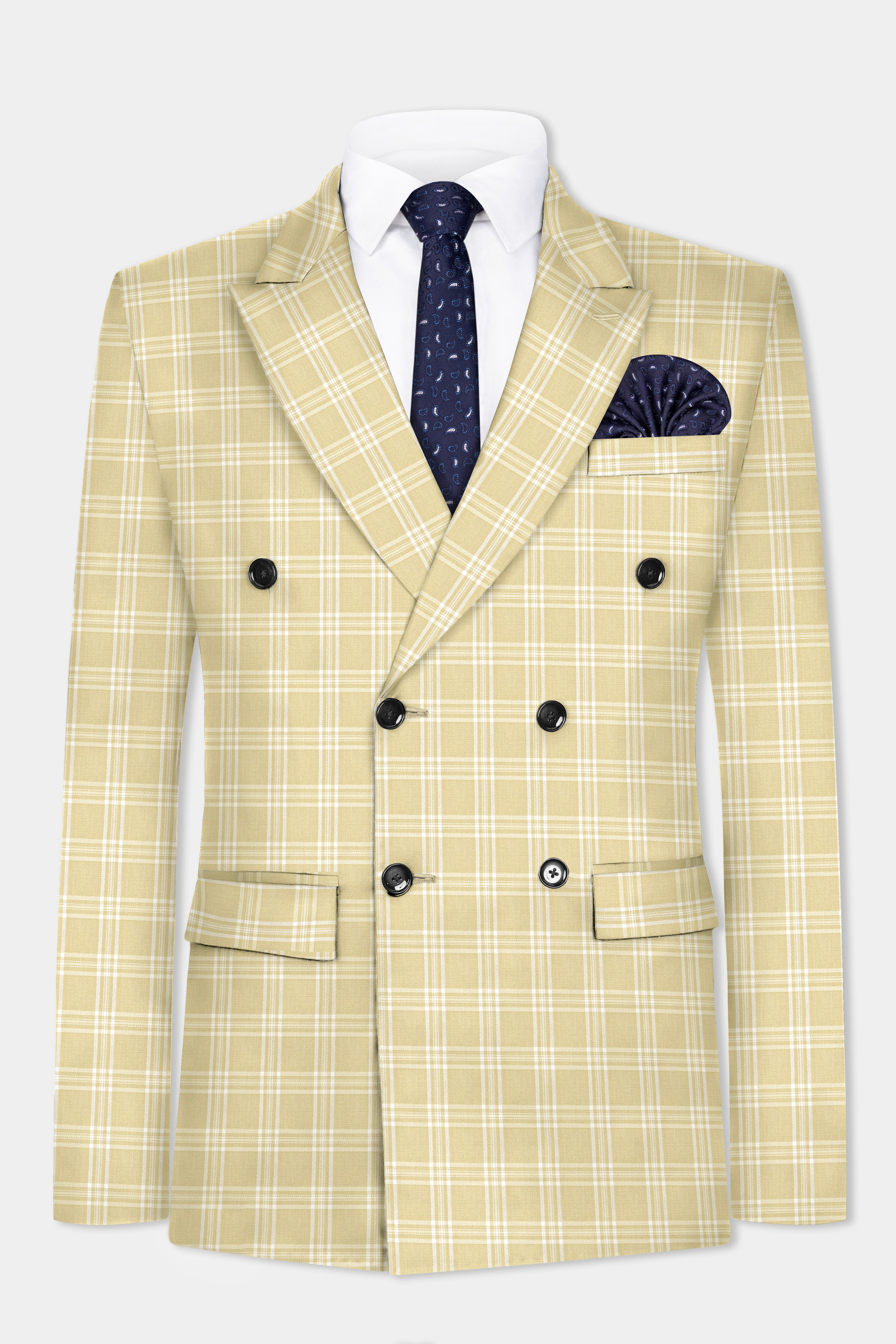 Desert Sand Cream Plaid Wool Blend Double Breasted Suit