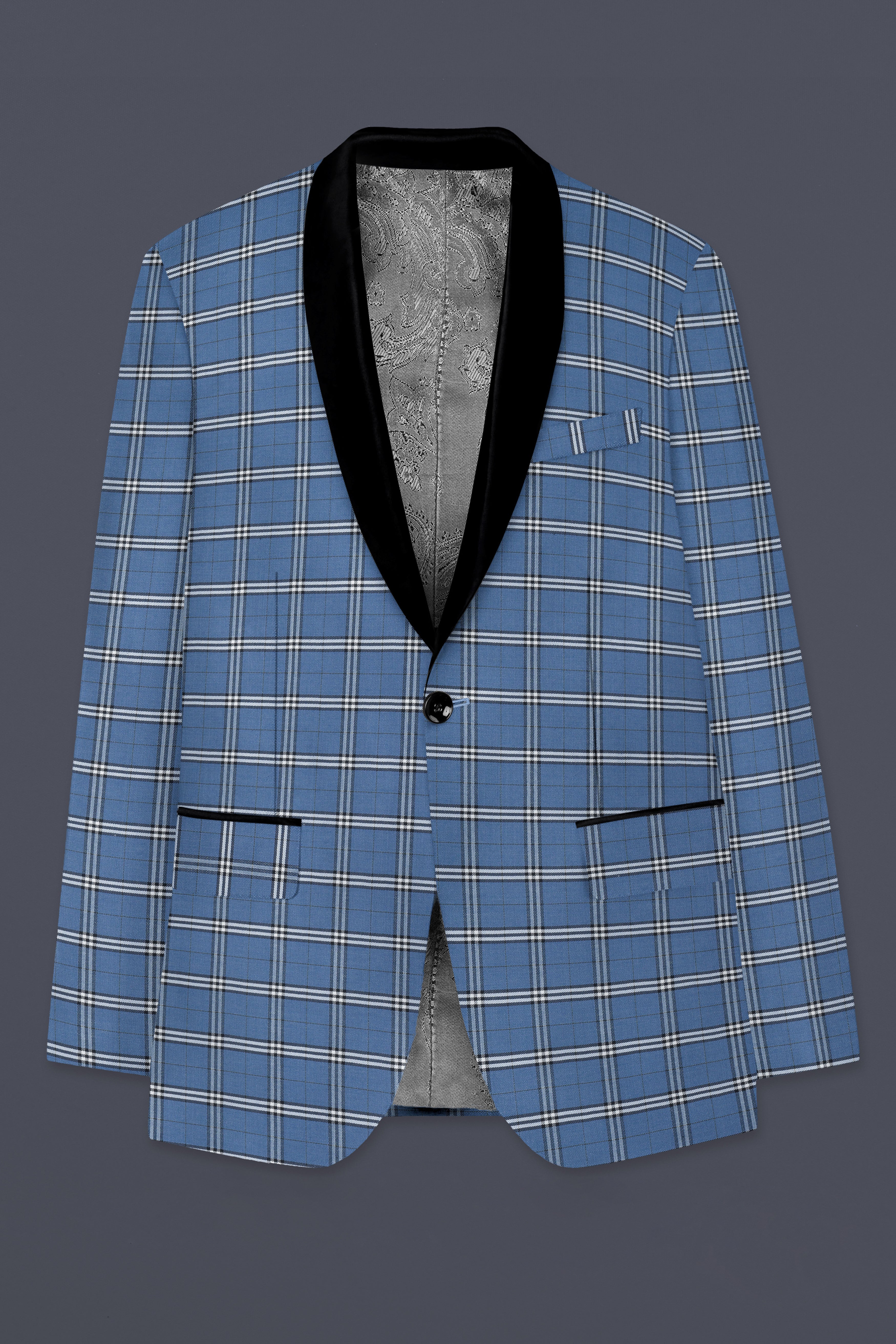 Metalic Blue Plaid Wool Blend Tuxedo Suit