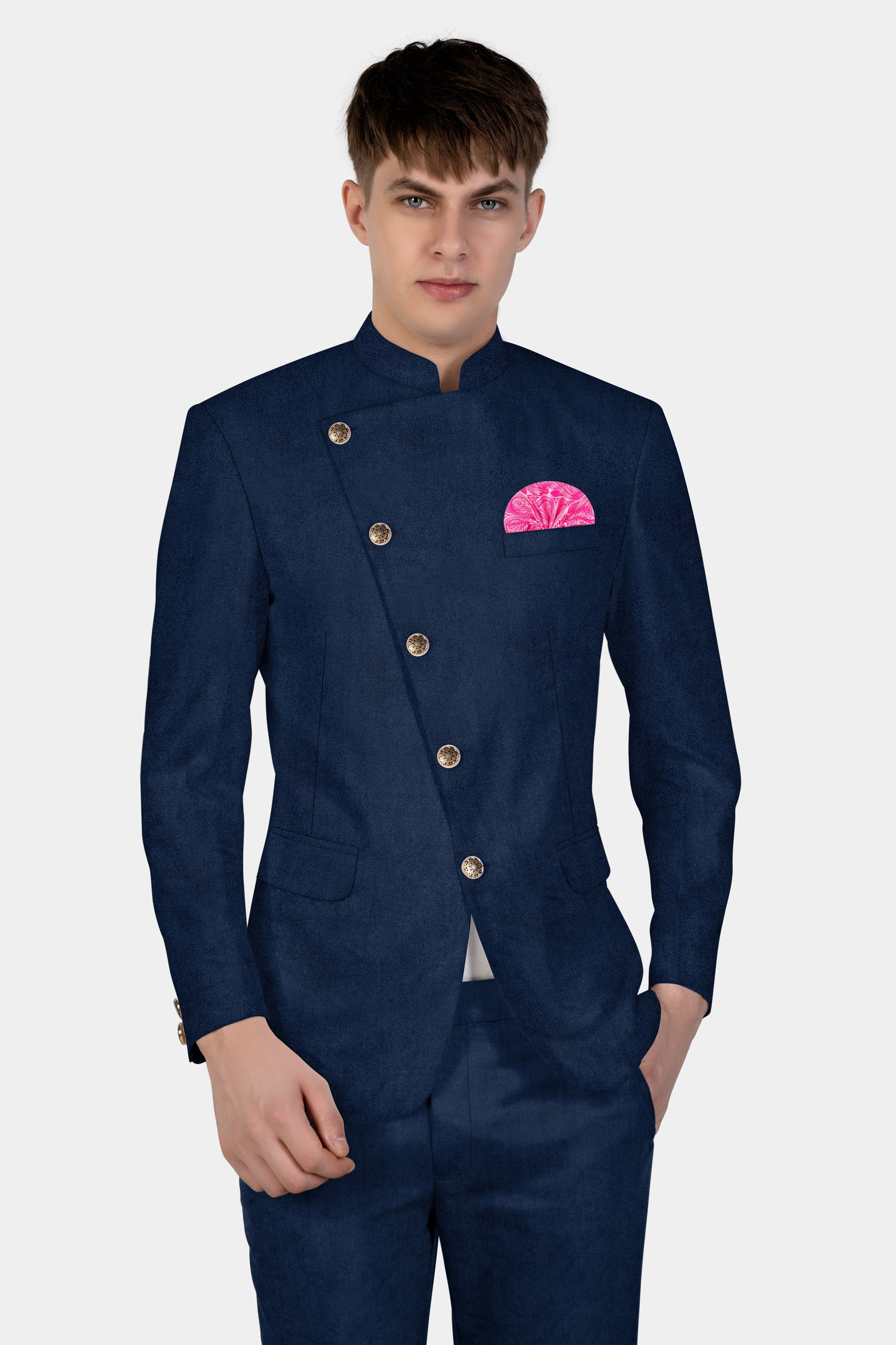 Downriver Blue Velvet Cross Placket Bandhgala Suit