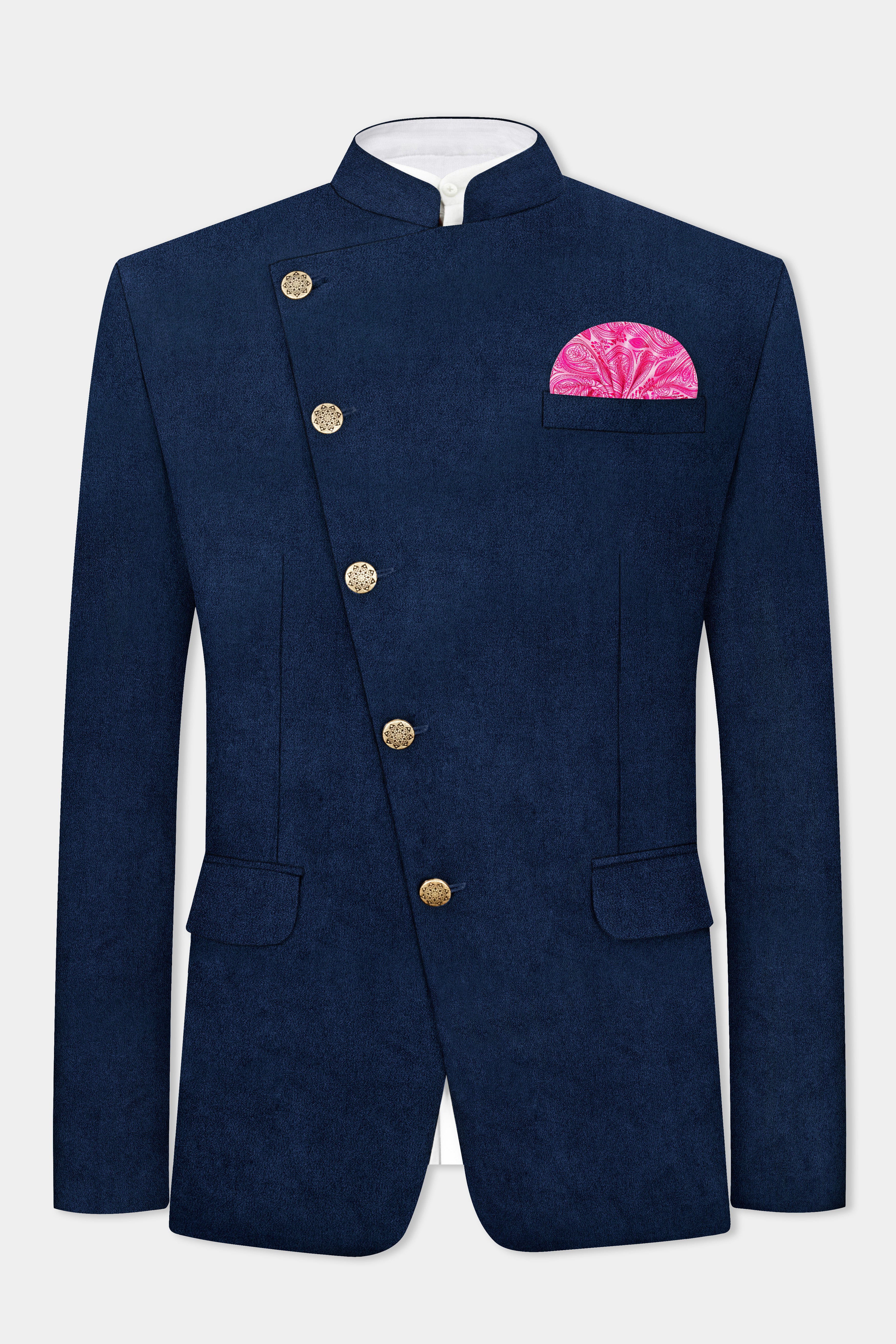Downriver Blue Velvet Cross Placket Bandhgala Suit