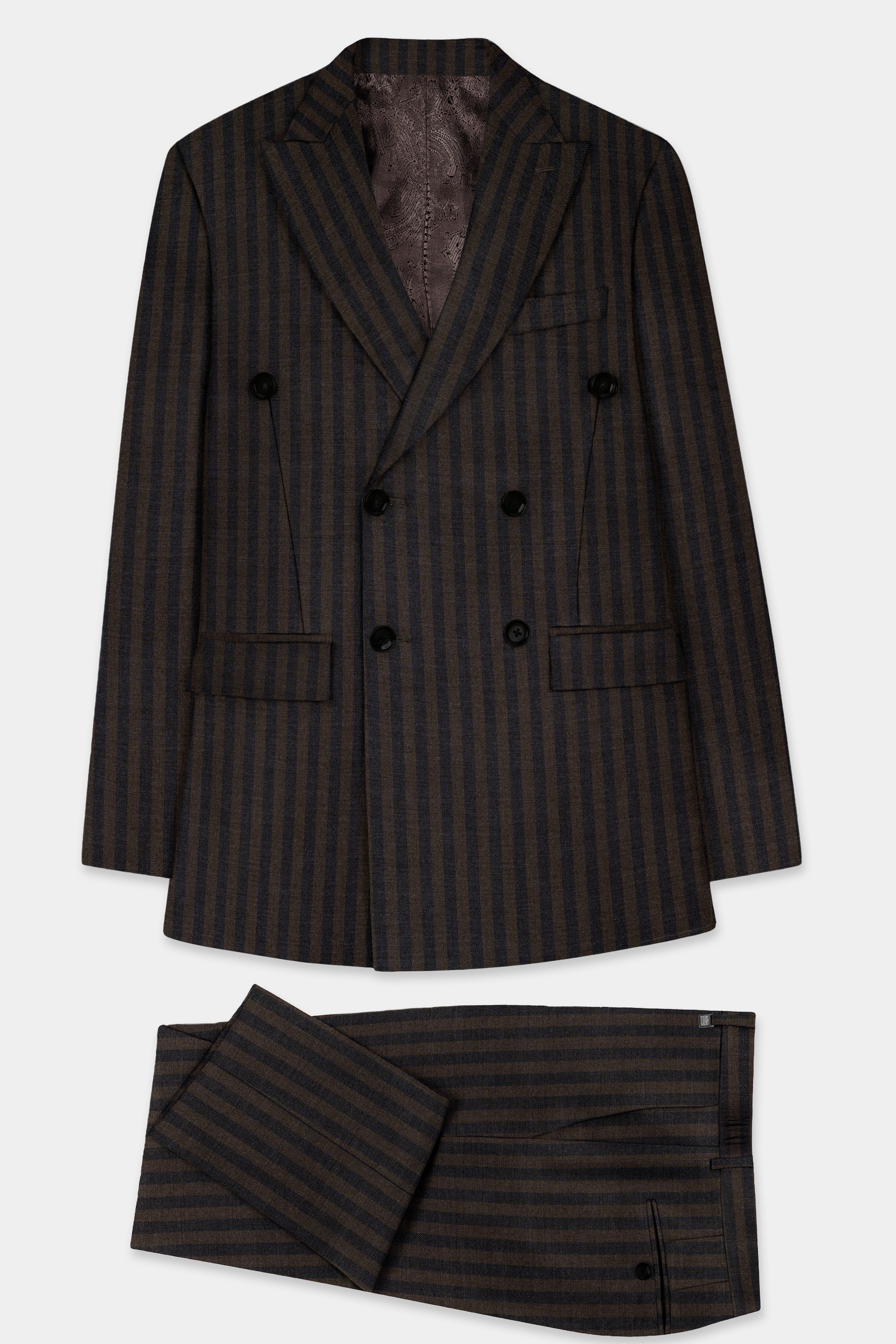 Taupe Brown With Jade Black Striped Wool Blend Double Breasted Suit