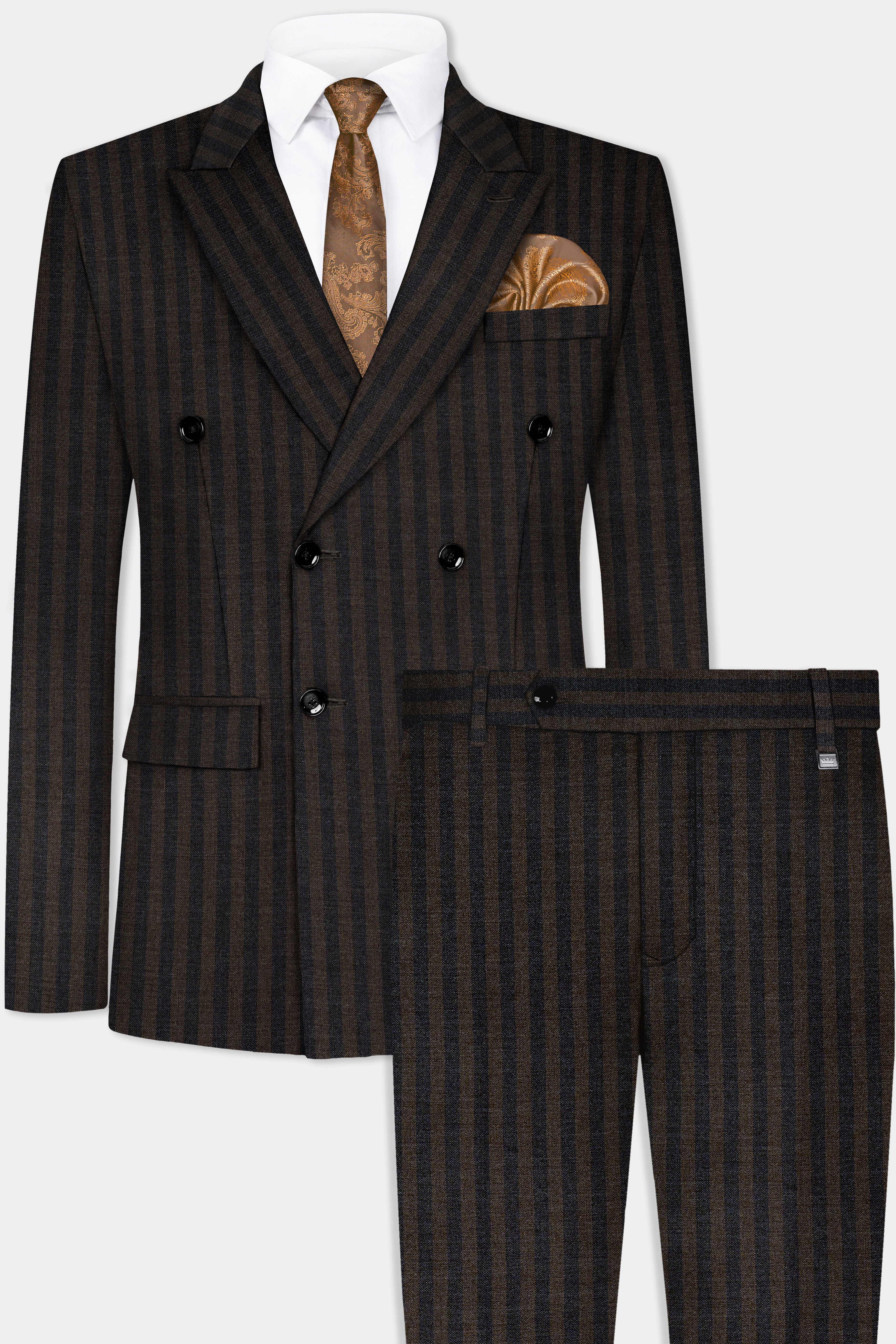 Taupe Brown With Jade Black Striped Wool Blend Double Breasted Suit