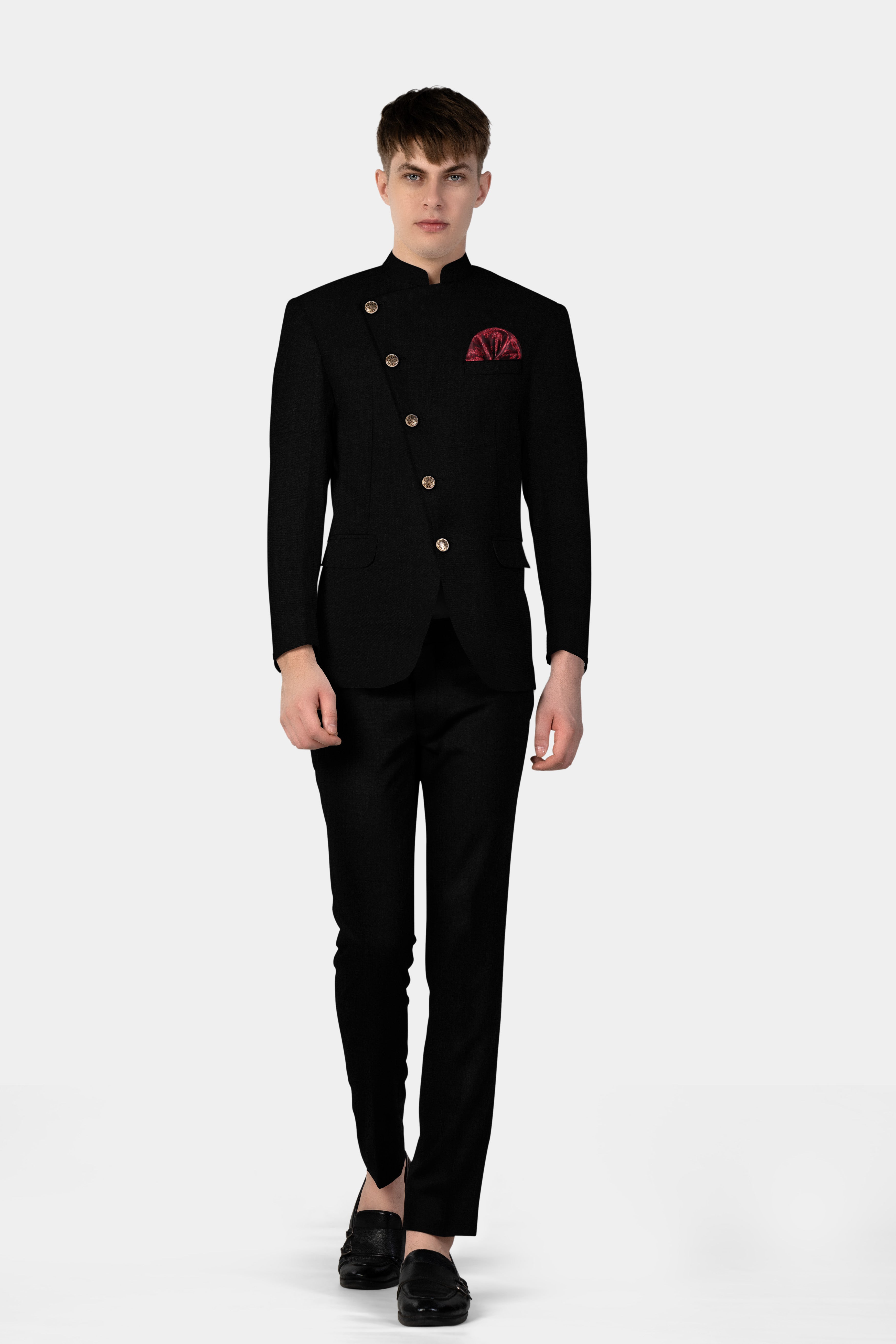 Jade Black Wool Blend Cross Placket Bandhgala Suit