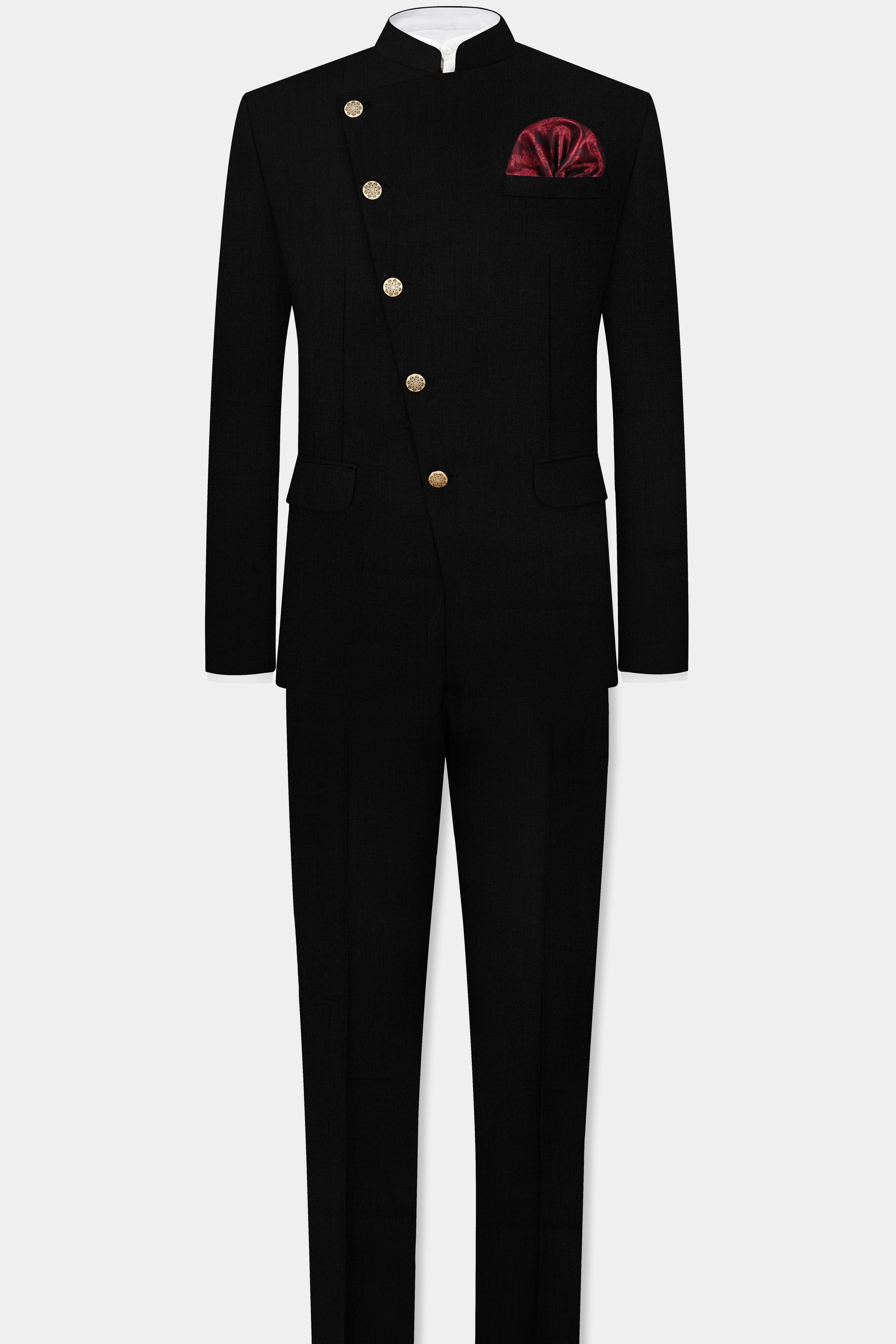 Jade Black Wool Blend Cross Placket Bandhgala Suit