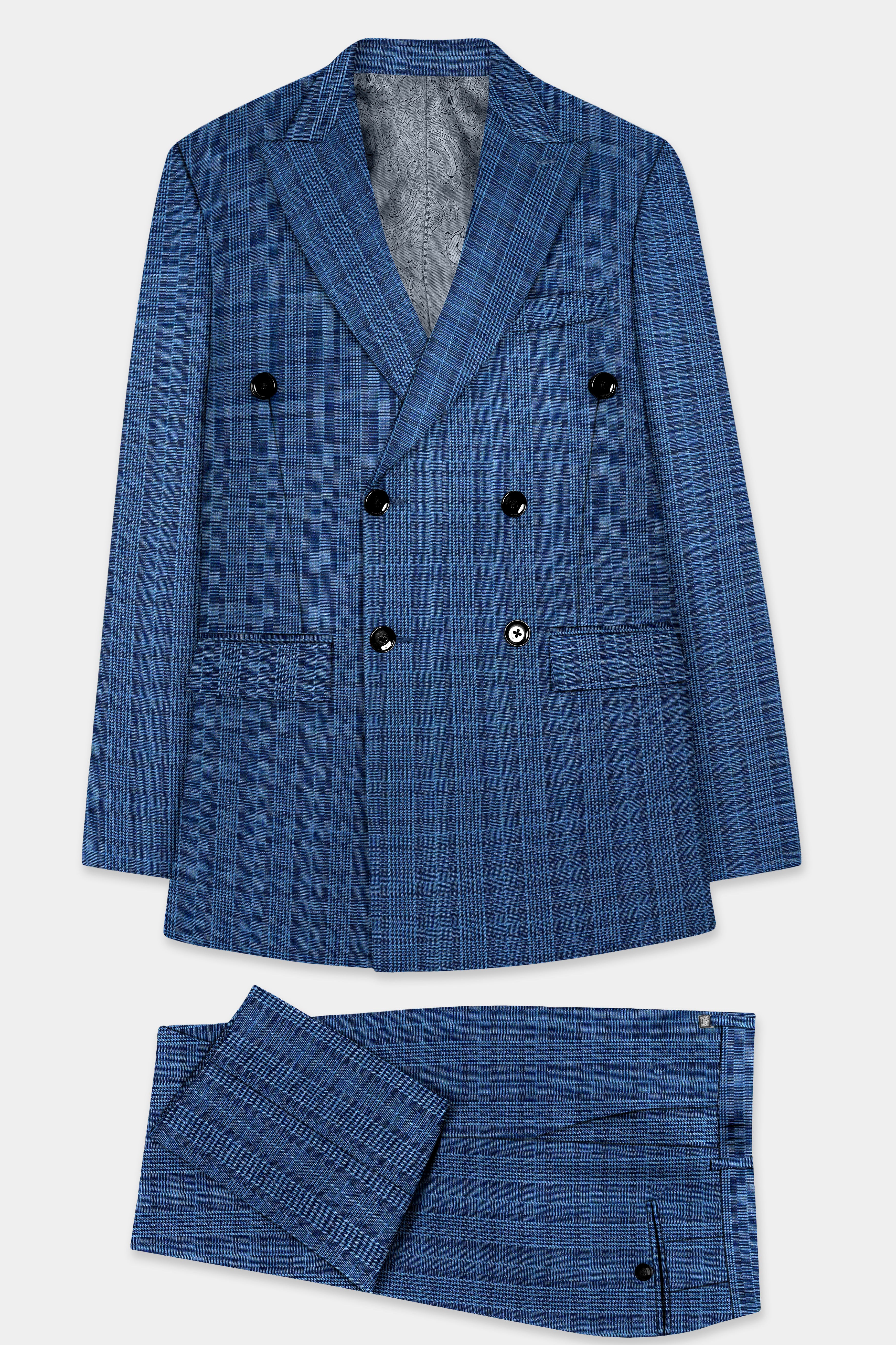 Mid Blue Plaid Double Breasted Suit