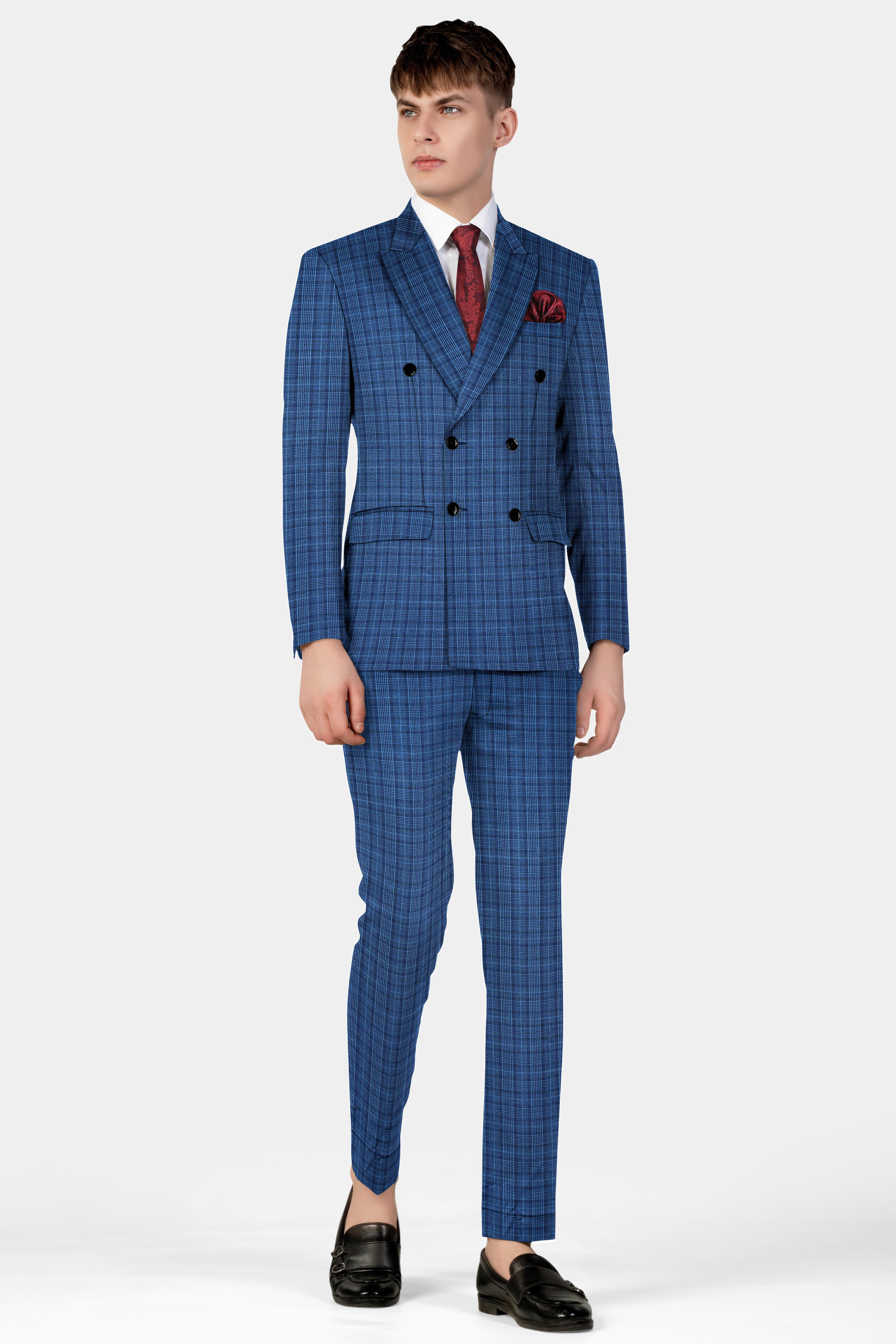 Mid Blue Plaid Double Breasted Suit