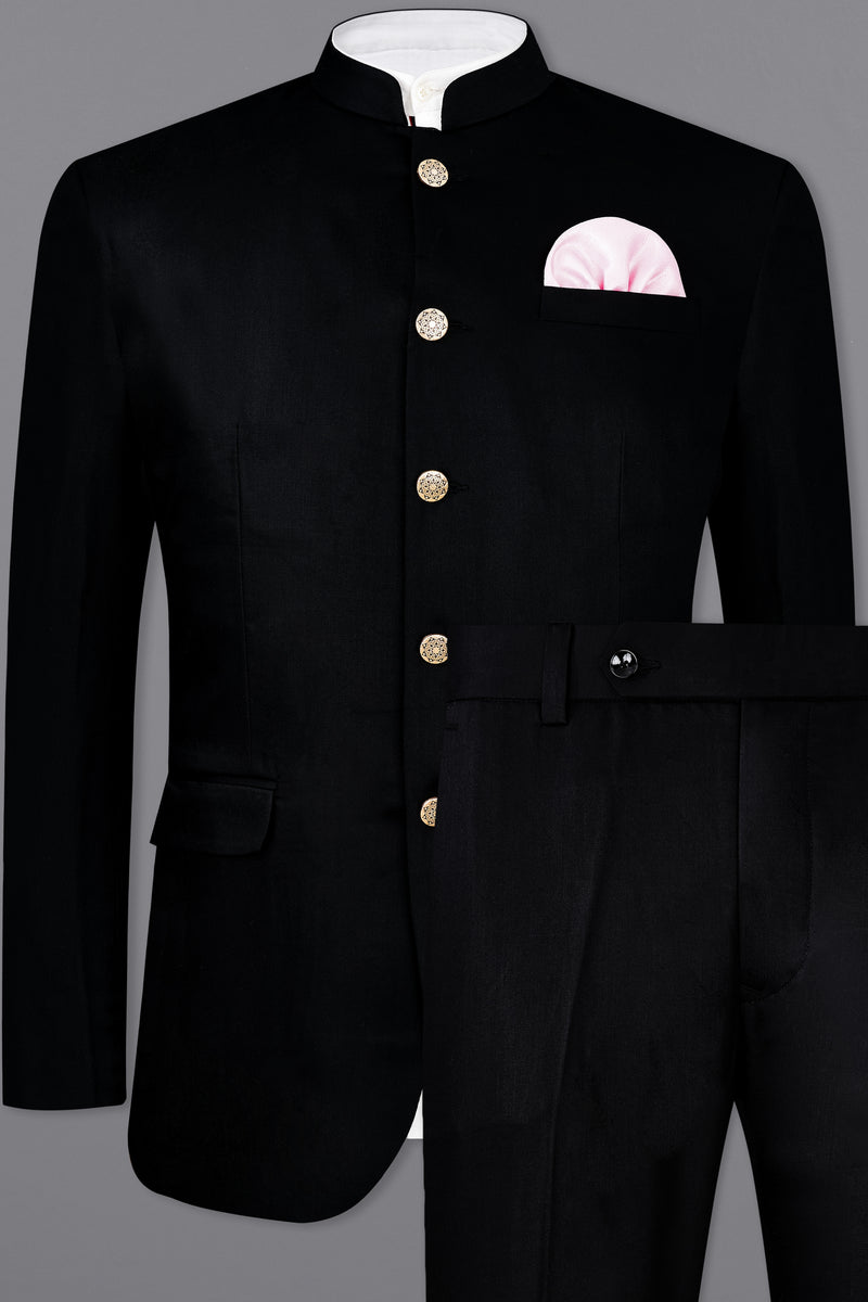 JADE BLACK SUBTLE SHEEN BANDHGALA/MANDARIN WOOL BLEND SUIT