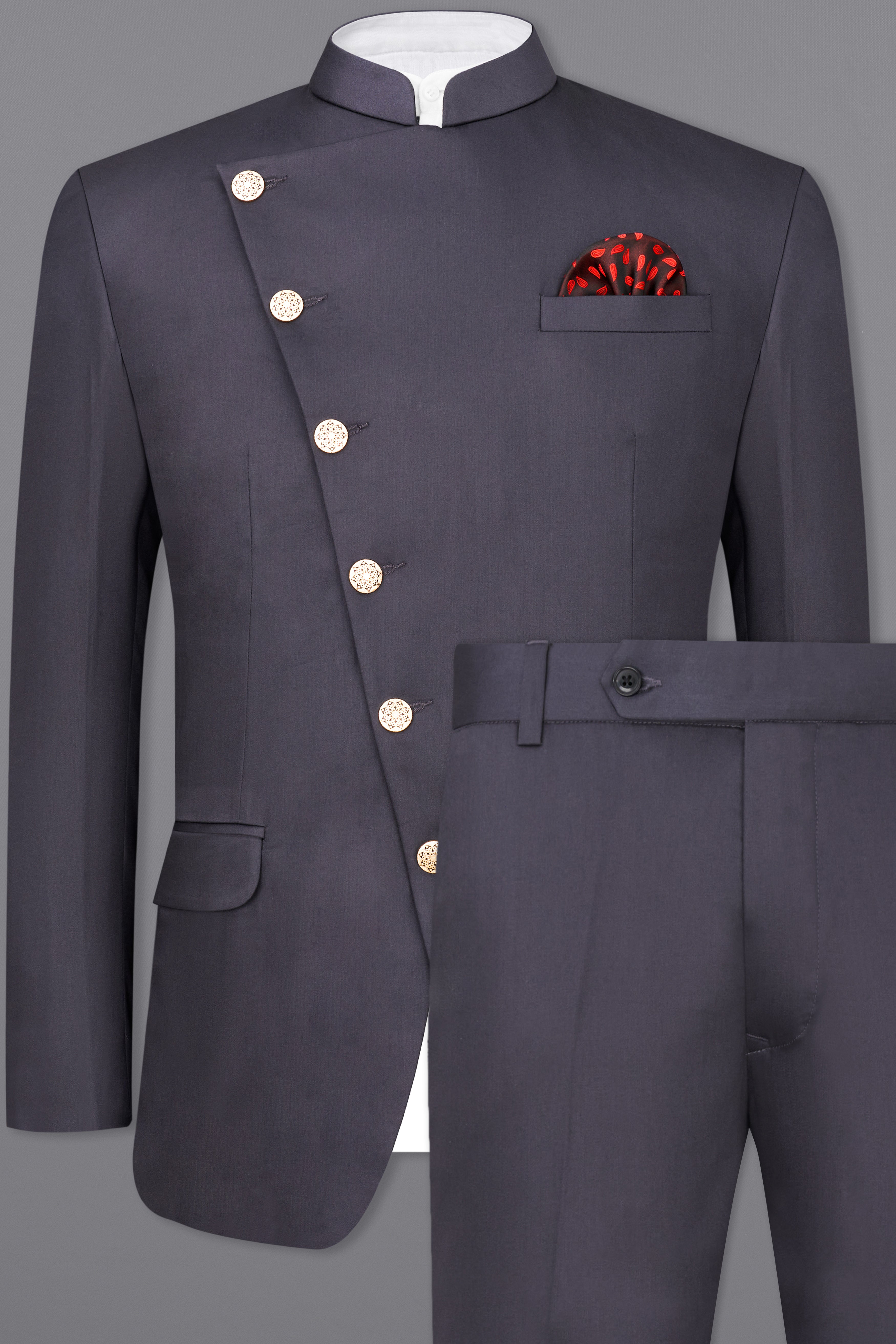 Mid Grey Subtle Sheen Cross Placket Wool Blend Bandhgala/Mandarin Suit