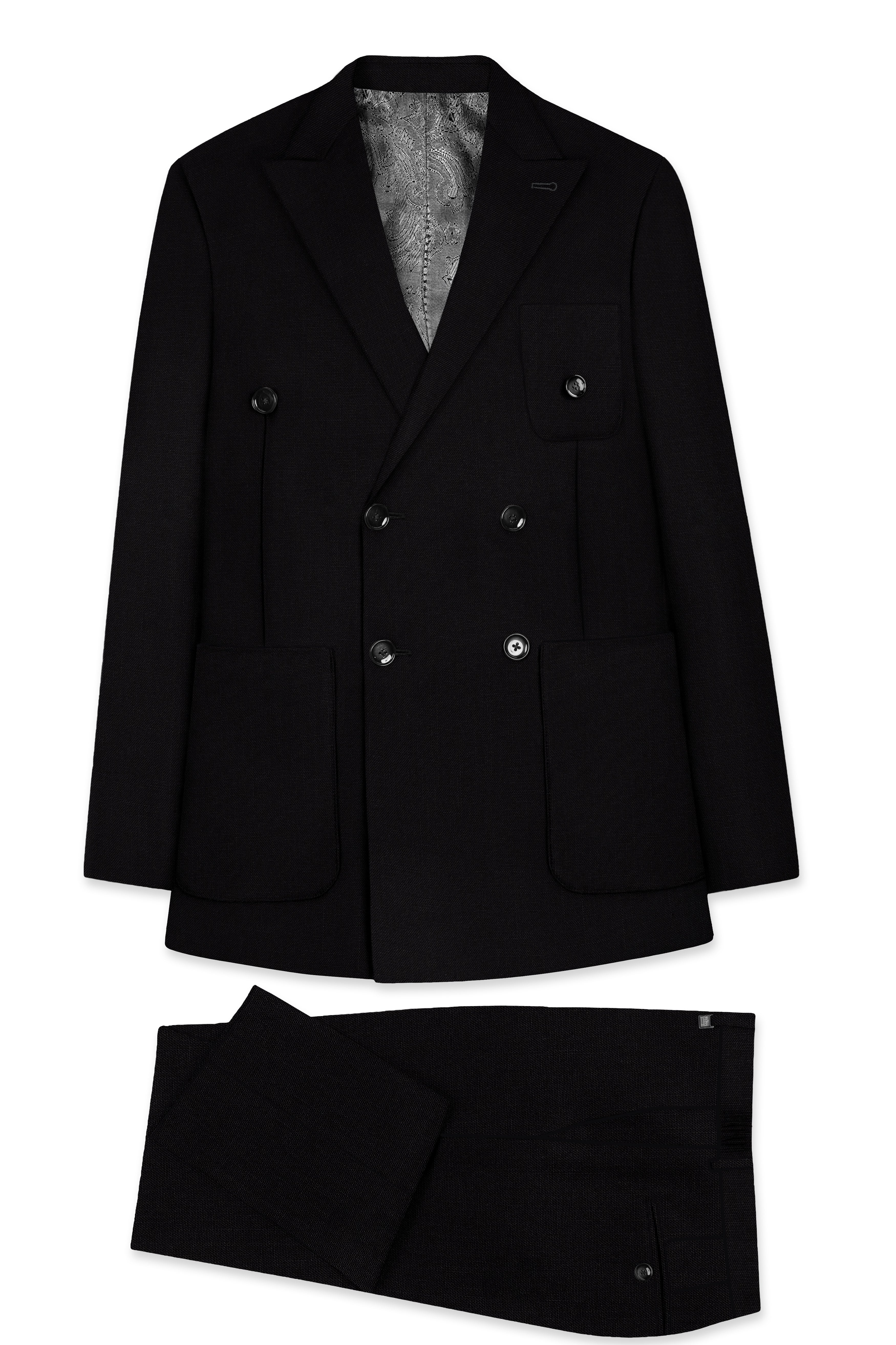 Jet Black Solid Luxurious Linen Double-breasted Sports Suit