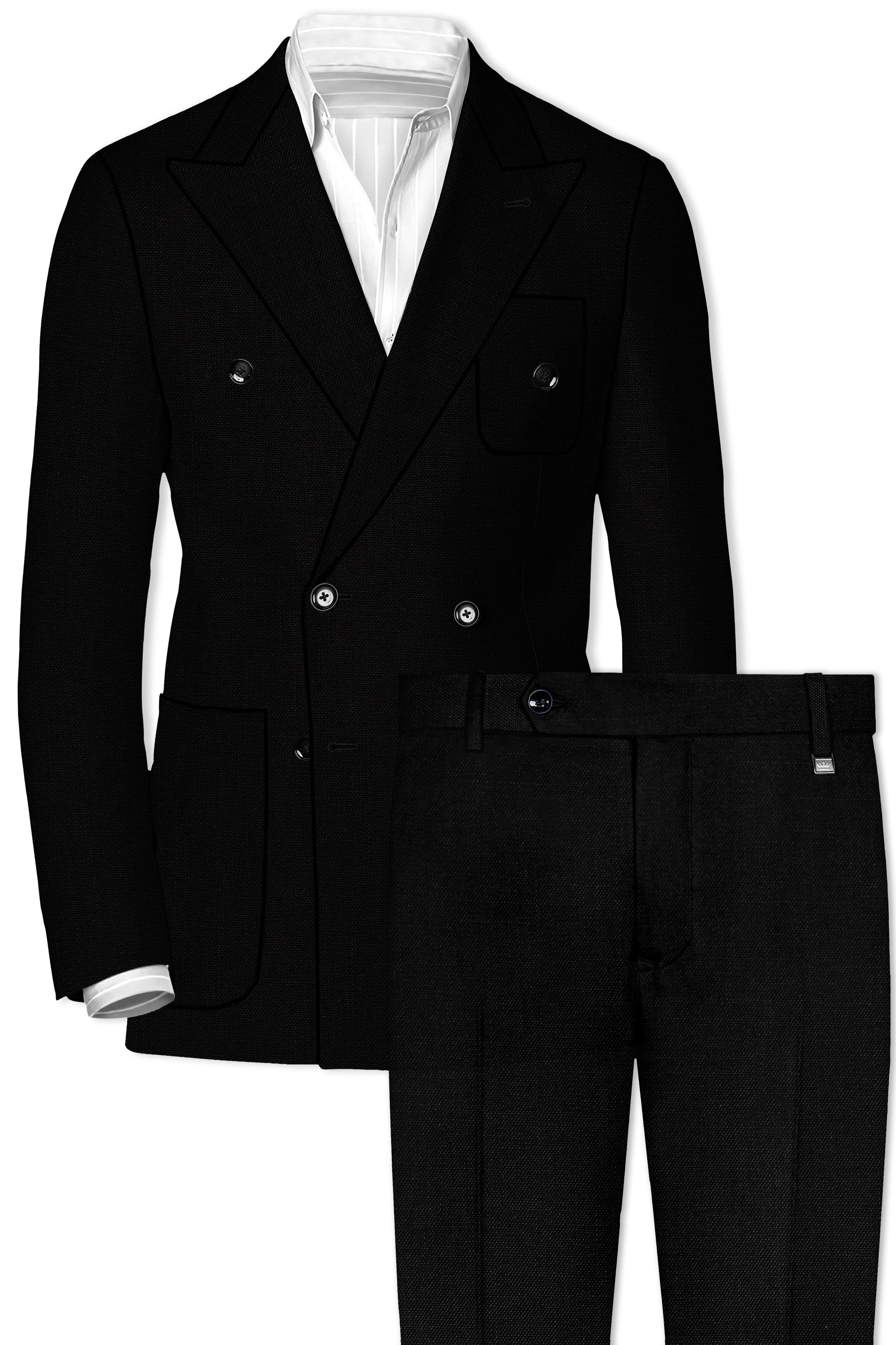 Jet Black Solid Luxurious Linen Double-breasted Sports Suit