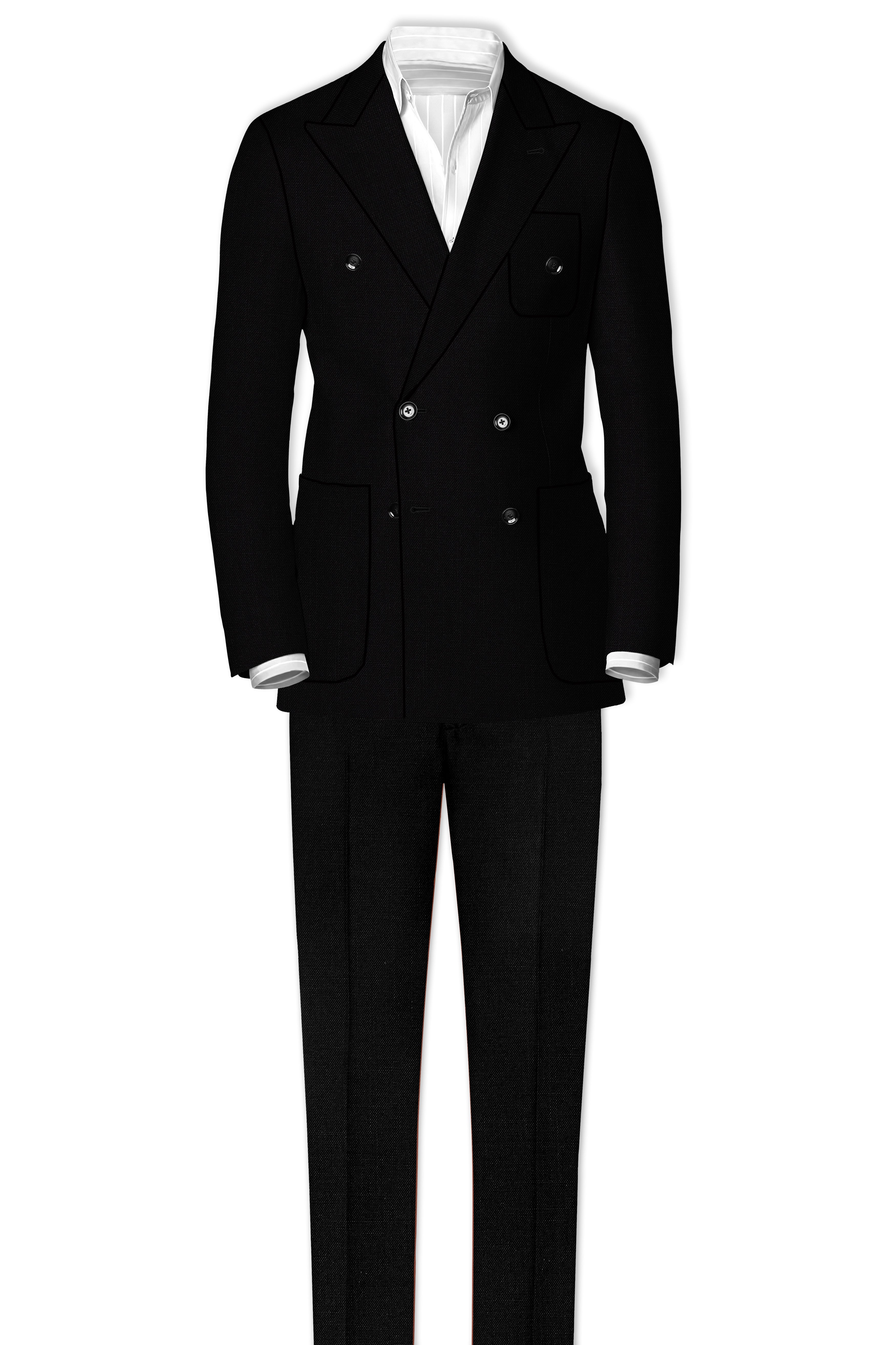 Jet Black Solid Luxurious Linen Double-breasted Sports Suit