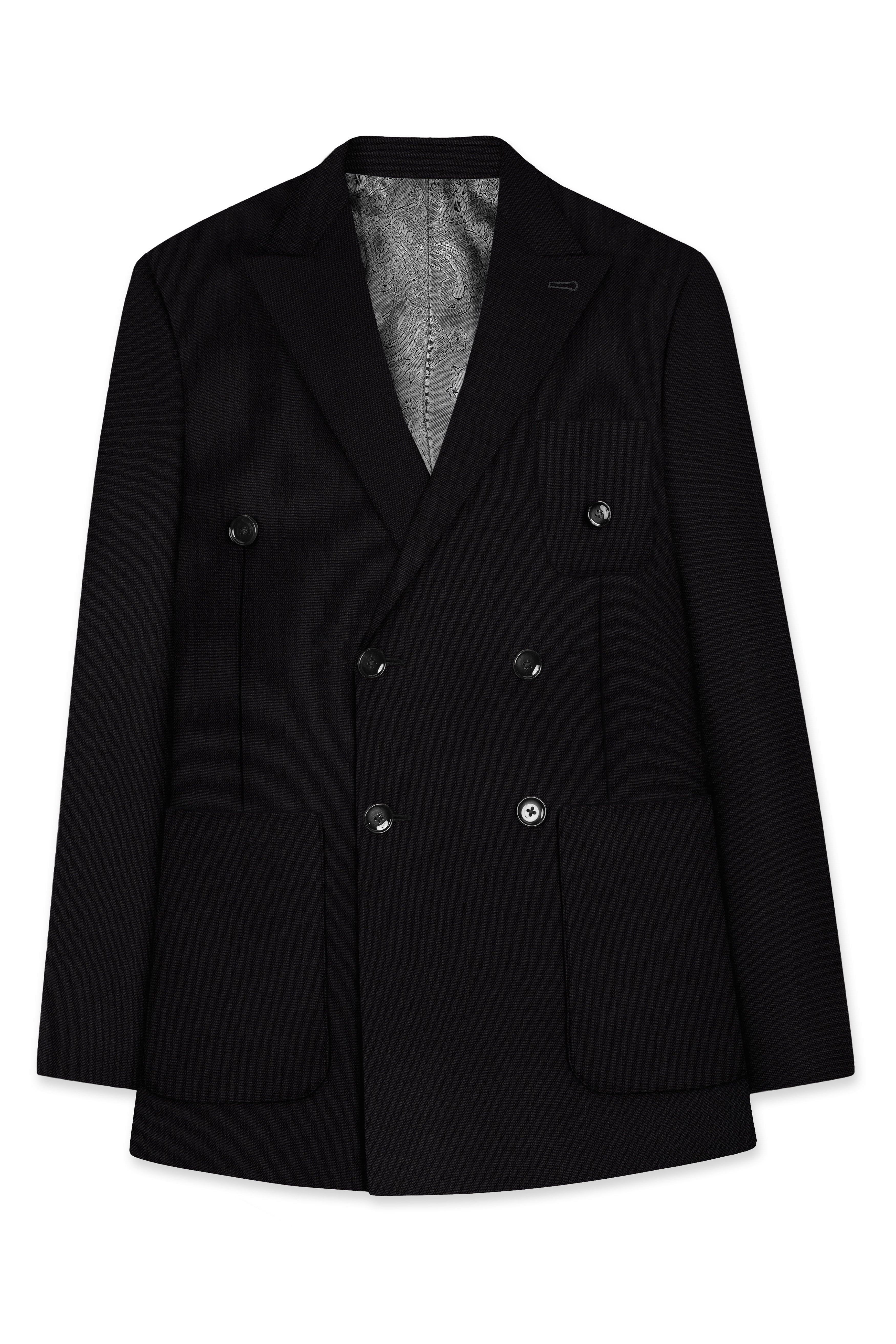 Jet Black Solid Luxurious Linen Double-breasted Sports Suit