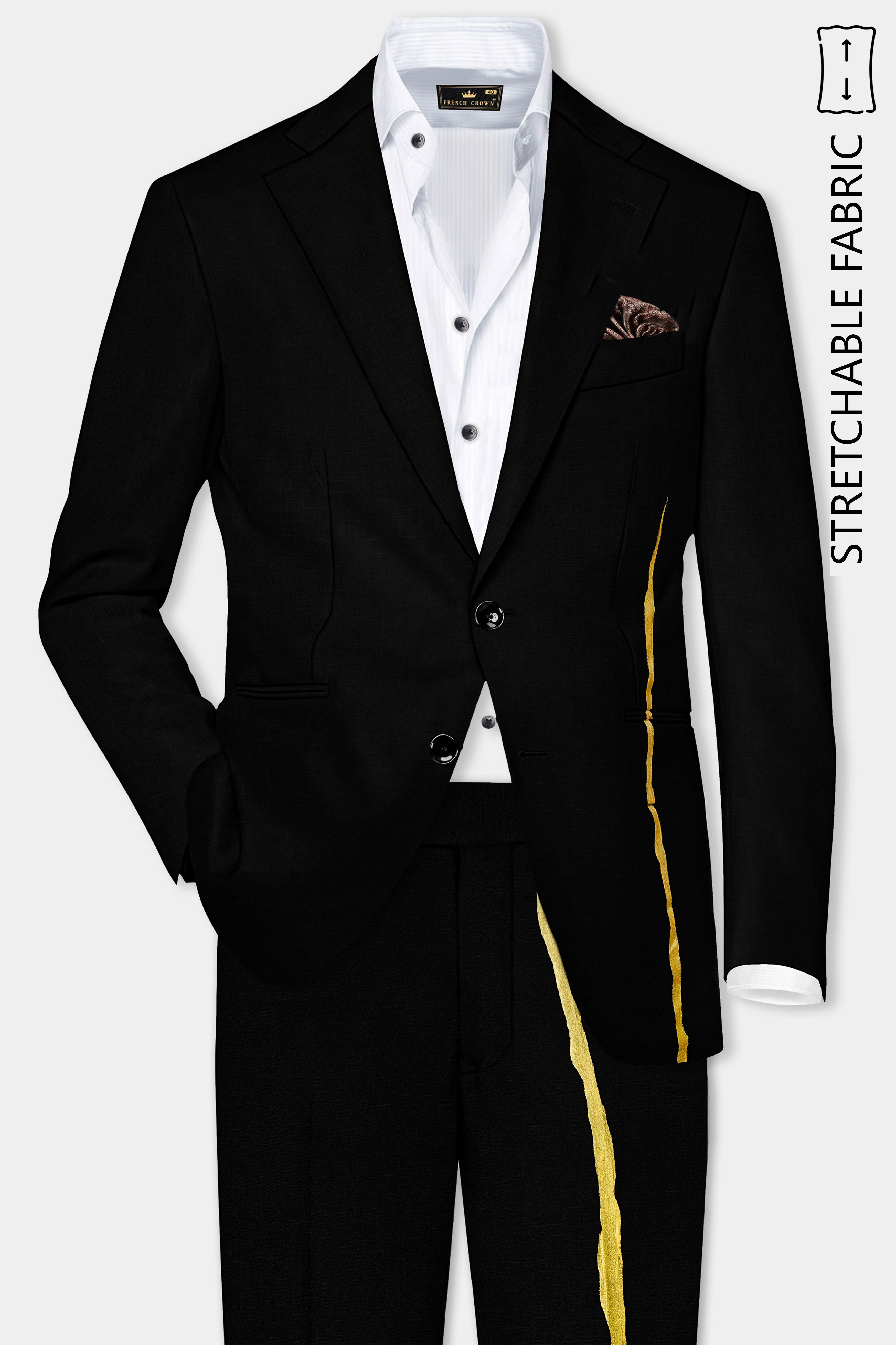 Jade Black Stretchable Wool Rich Hand Painted Designer Suit