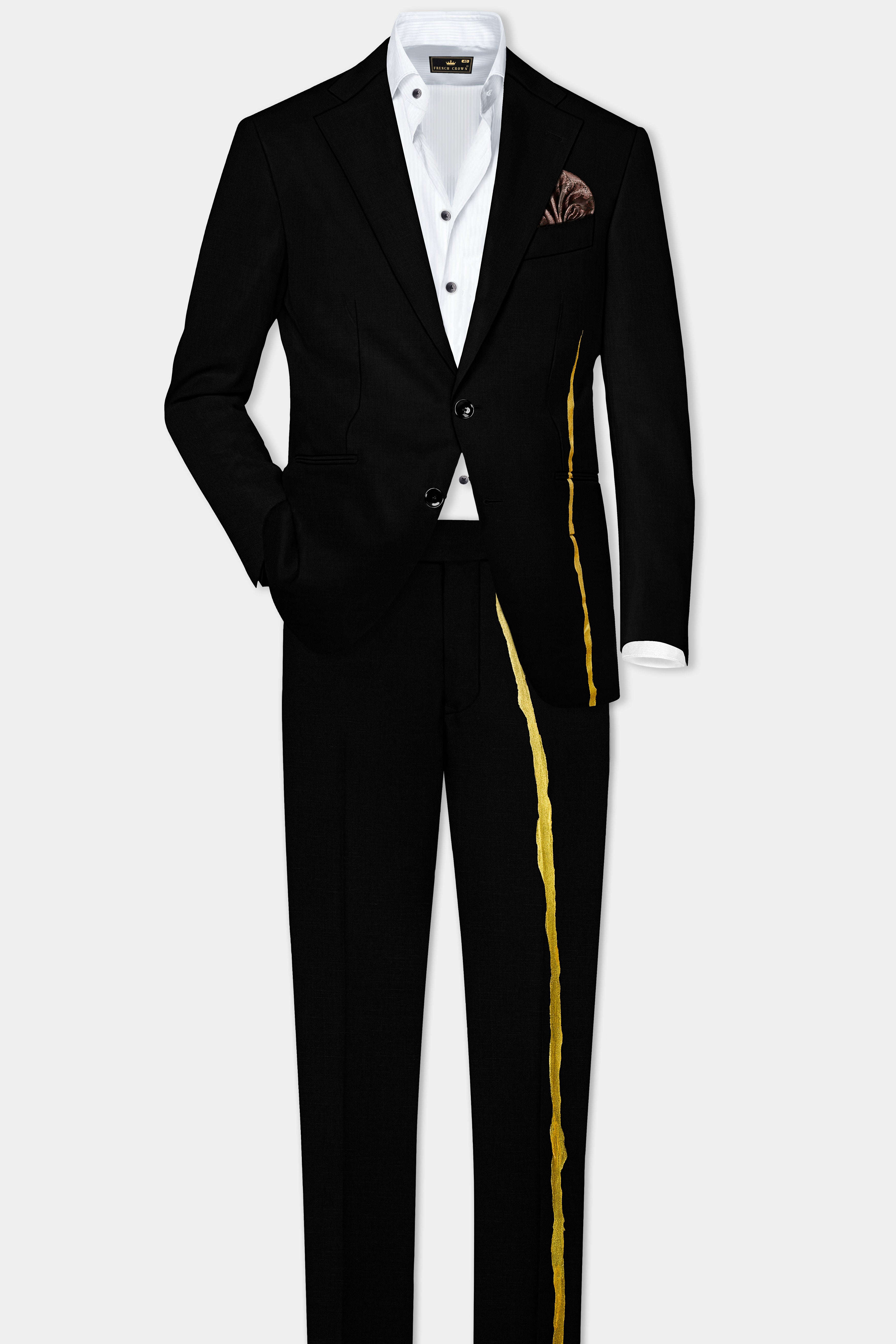 Jade Black Stretchable Wool Rich Hand Painted Designer Suit