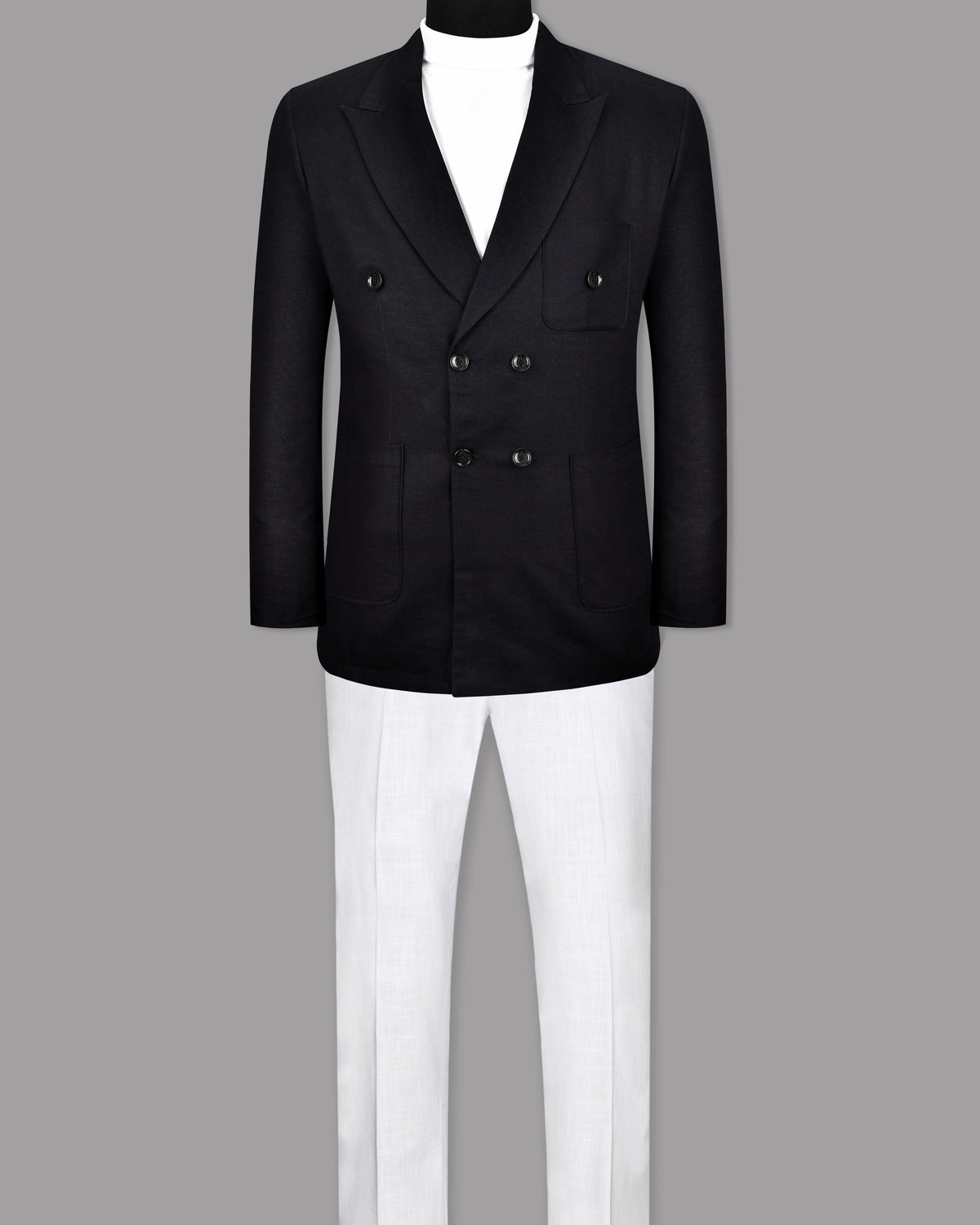 Jade Black Luxurious Linen Double-Breasted Sports Suit