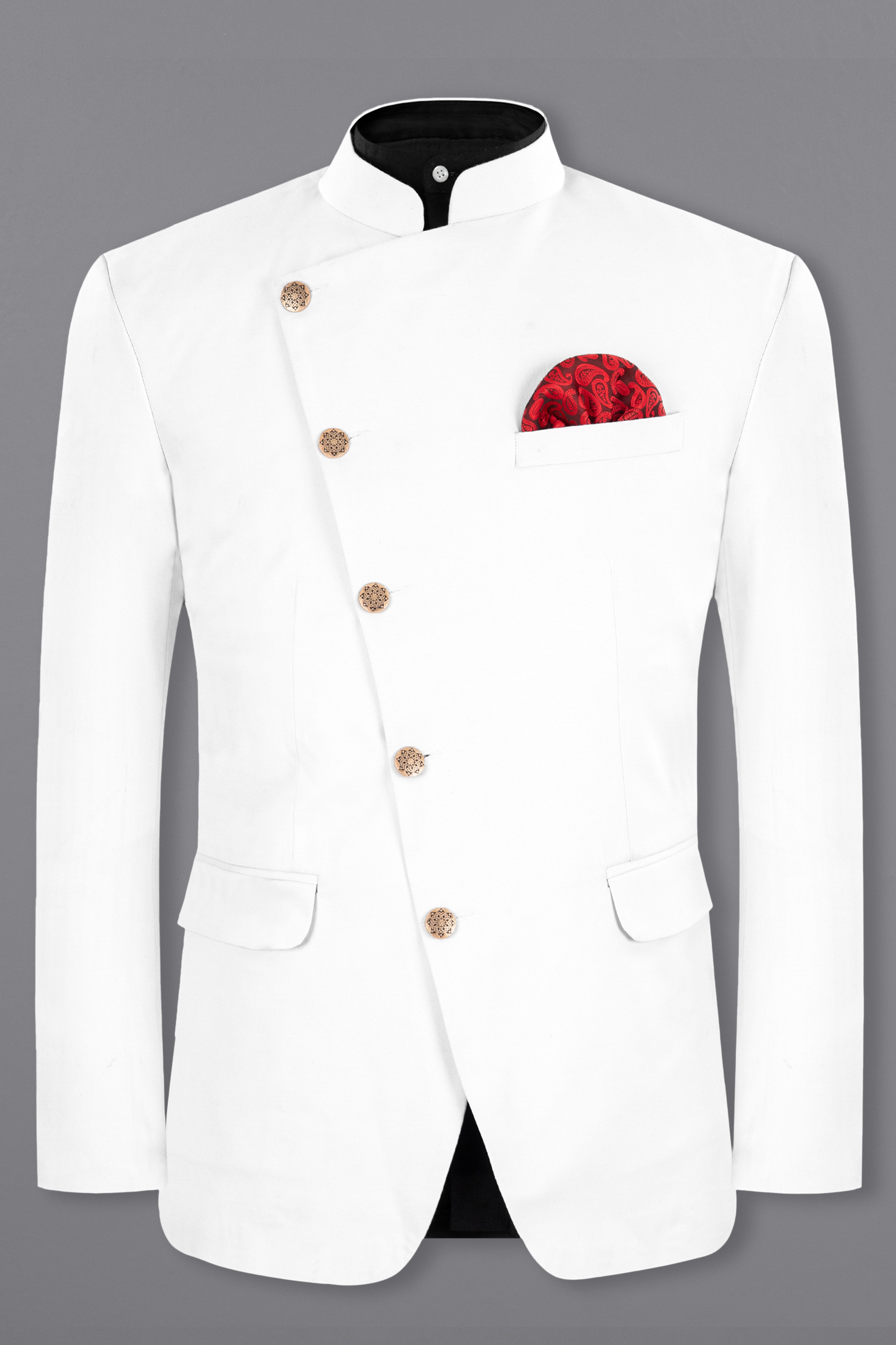 Bright White Subtle Sheen Cross Placket Bandhgala/Mandarin Suit