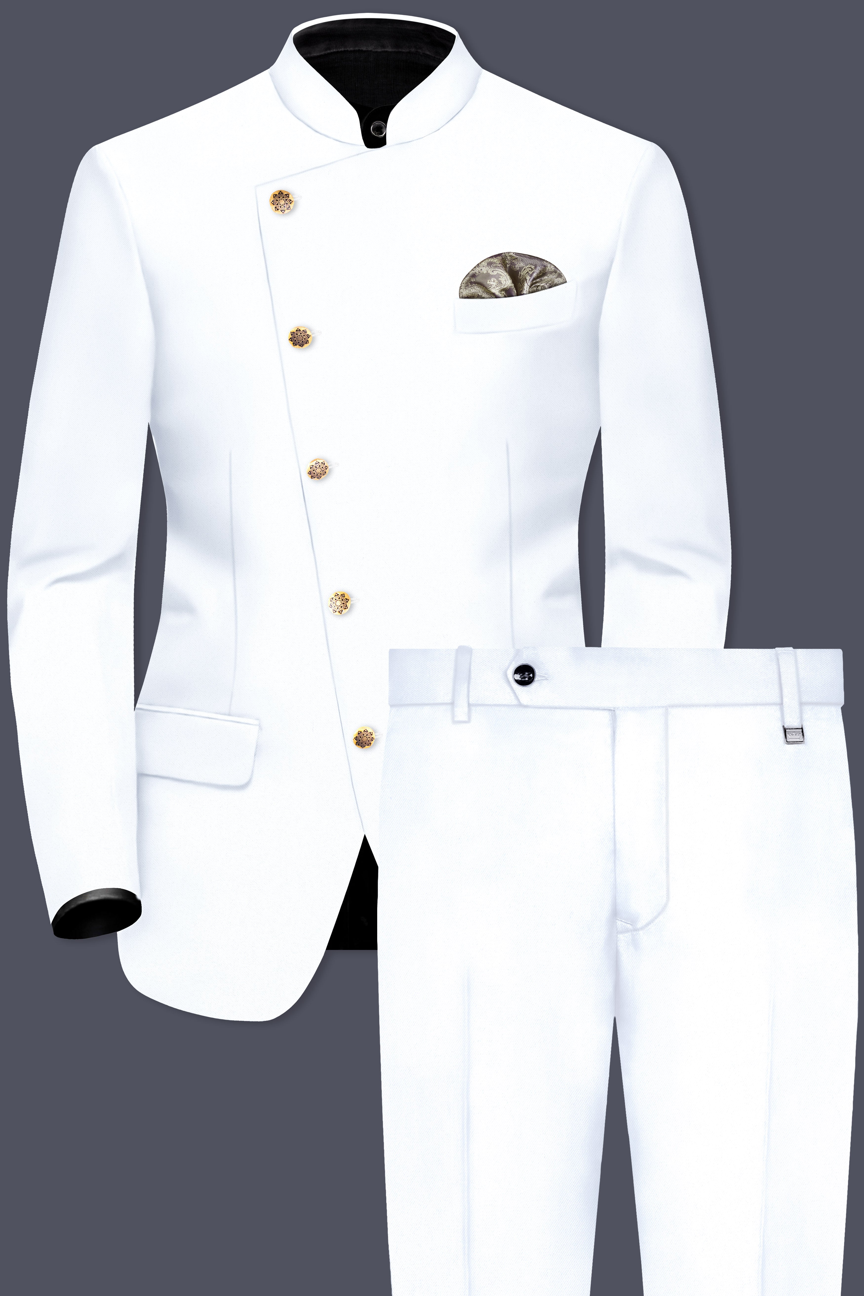 Bright White Stretchable Subtle Sheen Cross Placket Bandhgala/Mandarin Suit