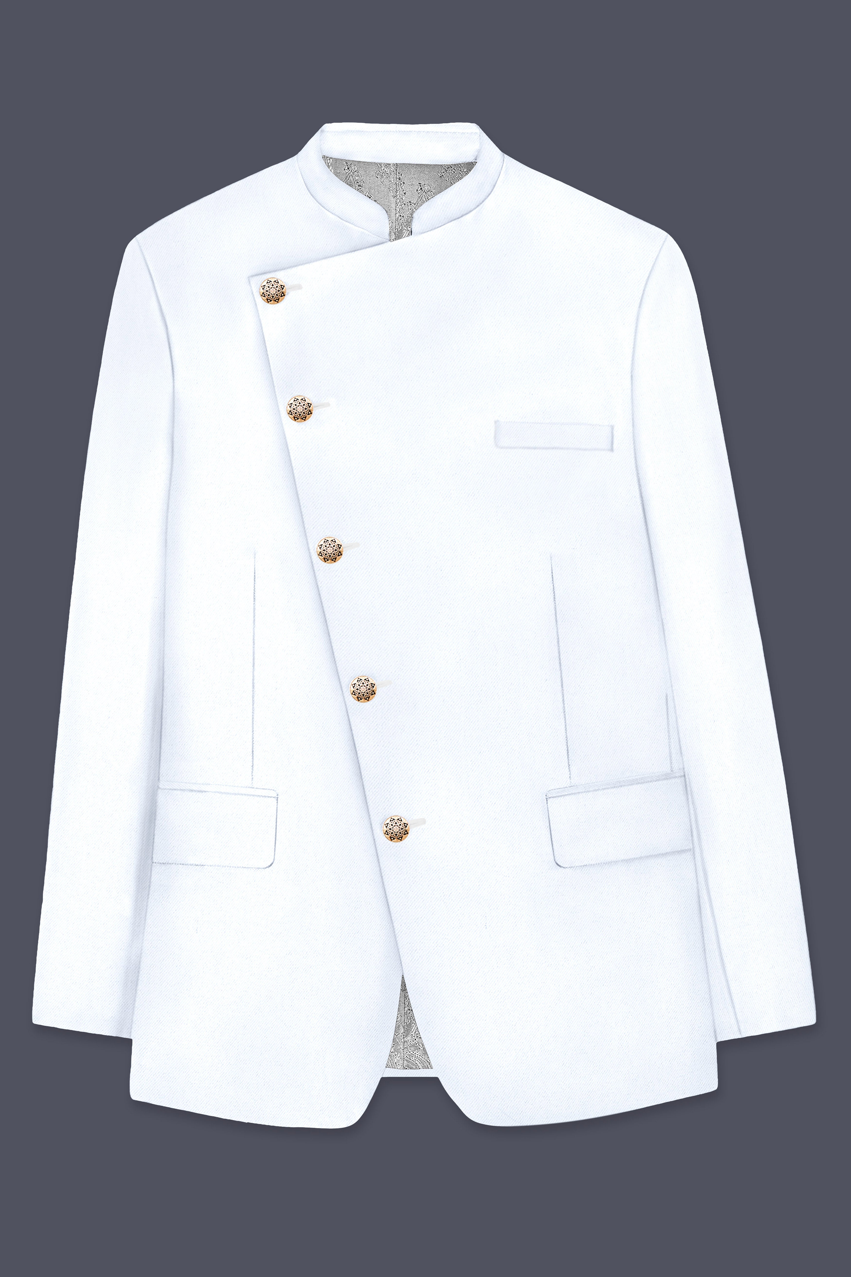 Bright White Stretchable Subtle Sheen Cross Placket Bandhgala/Mandarin Suit