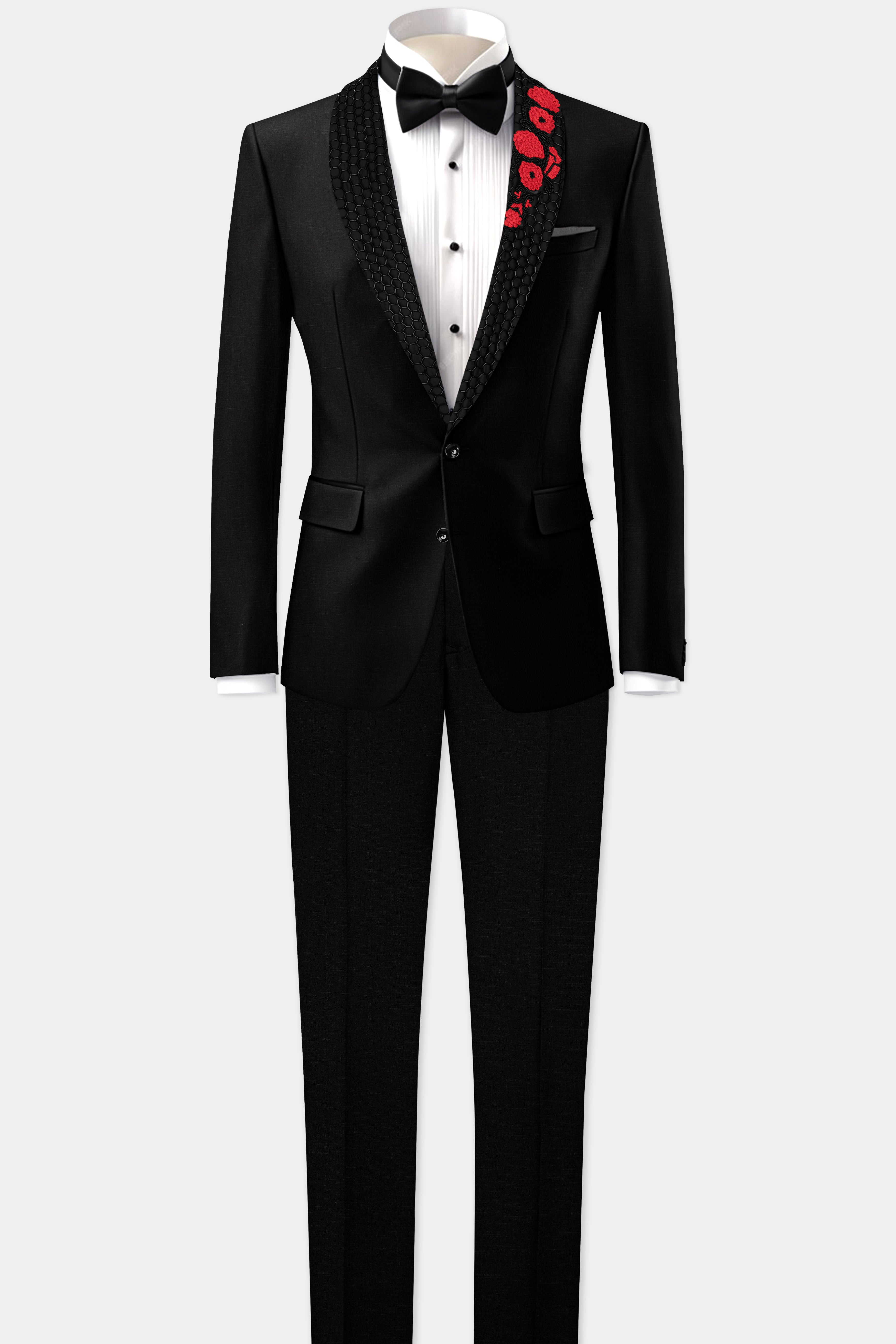 Jade Black Stretchable Subtle Sheen Wool Rich Handcrafted Designer Tuxedo Suit