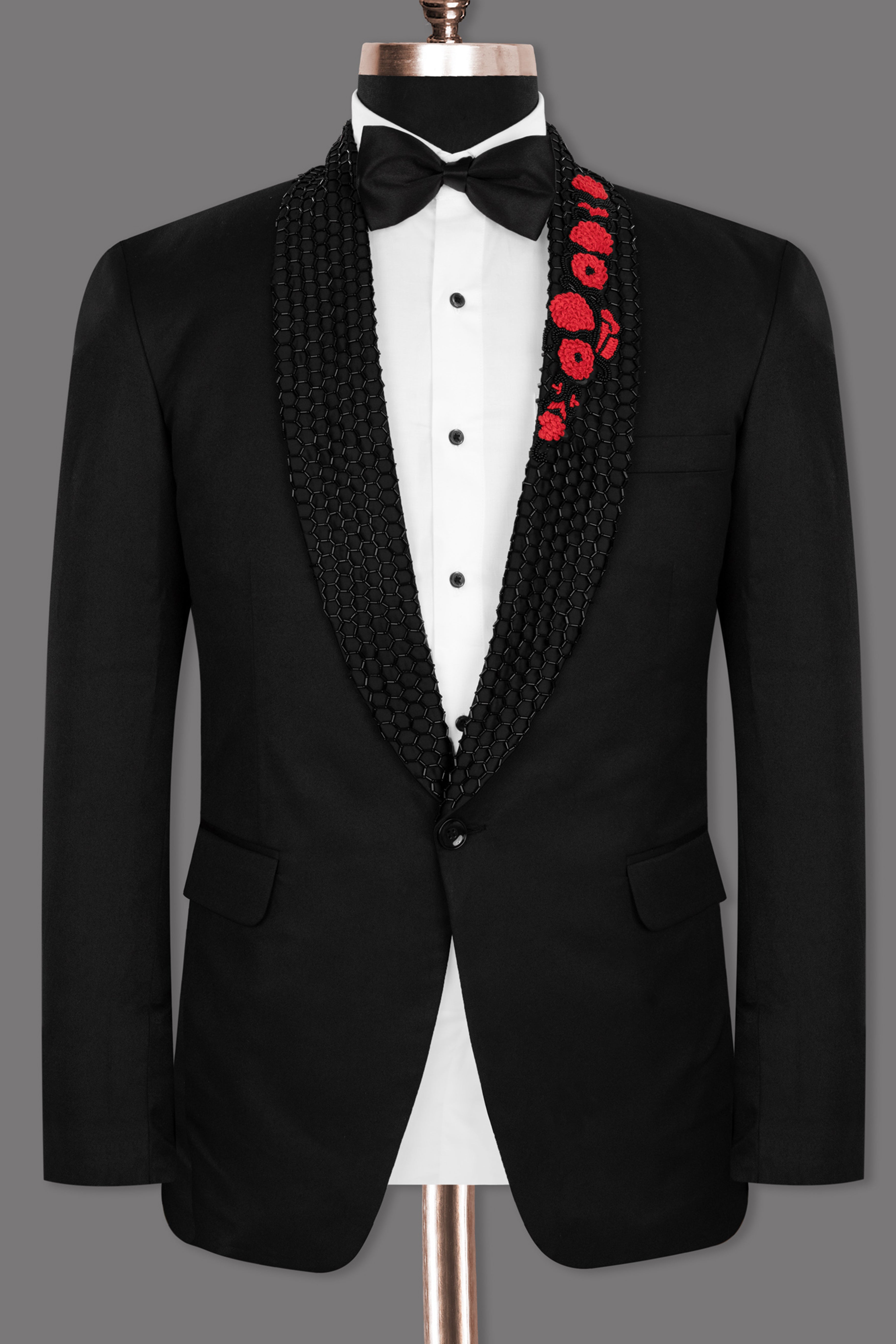 Jade Black Stretchable Subtle Sheen Wool Rich Handcrafted Designer Tuxedo Suit