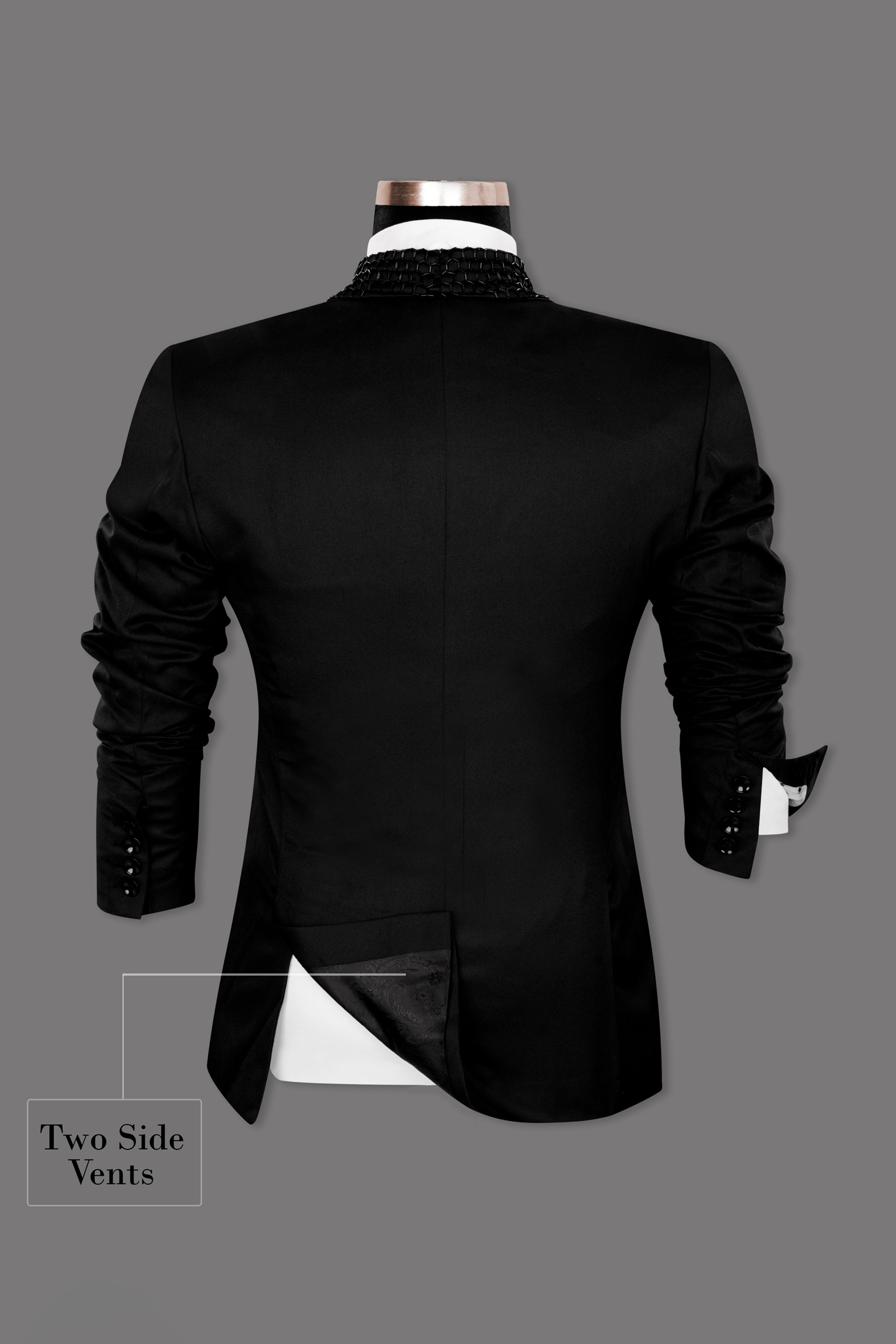 Jade Black Stretchable Subtle Sheen Wool Rich Handcrafted Designer Tuxedo Suit