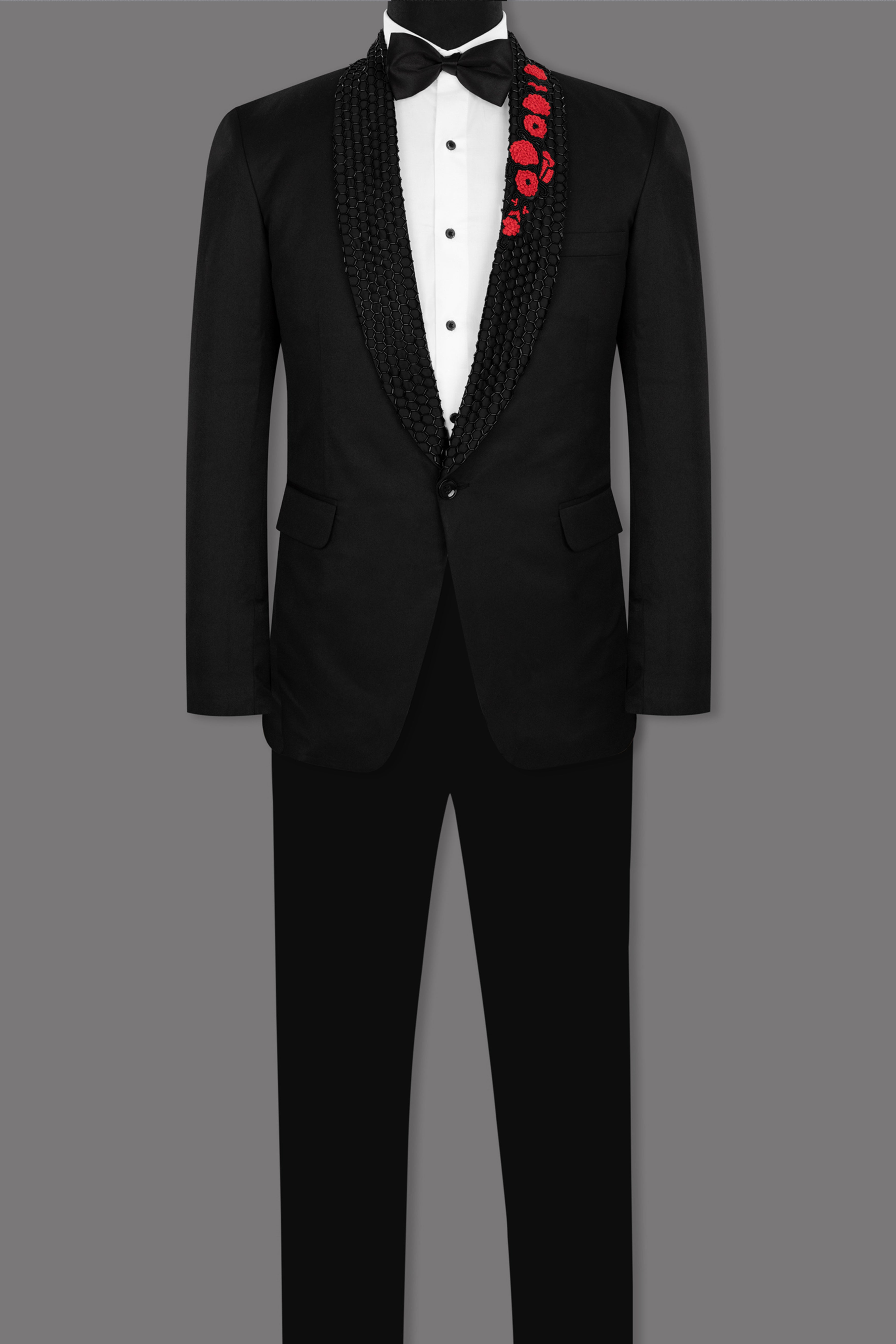 Jade Black Stretchable Subtle Sheen Wool Rich Handcrafted Designer Tuxedo Suit