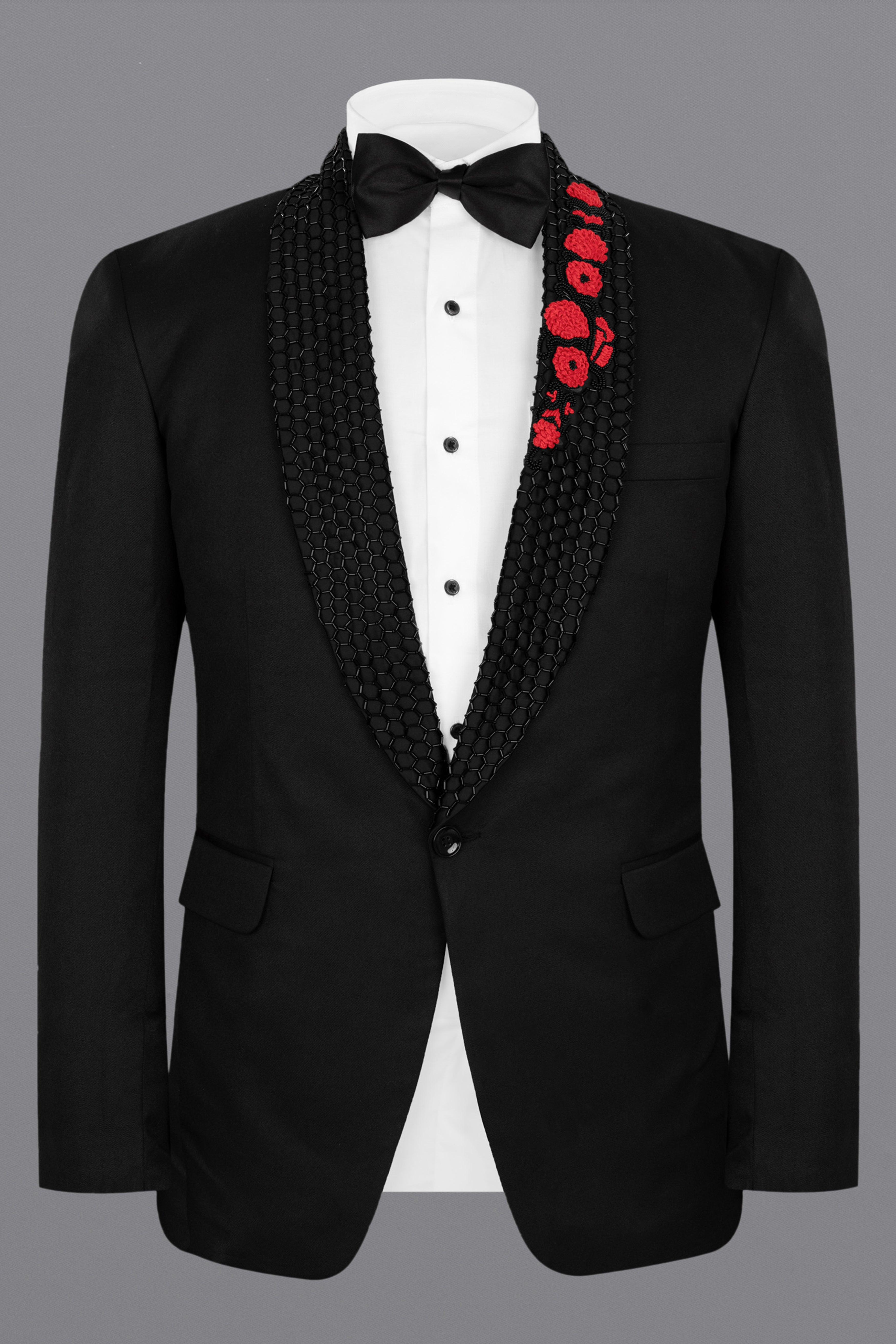 Jade Black Stretchable Subtle Sheen Wool Rich Handcrafted Designer Tuxedo Suit