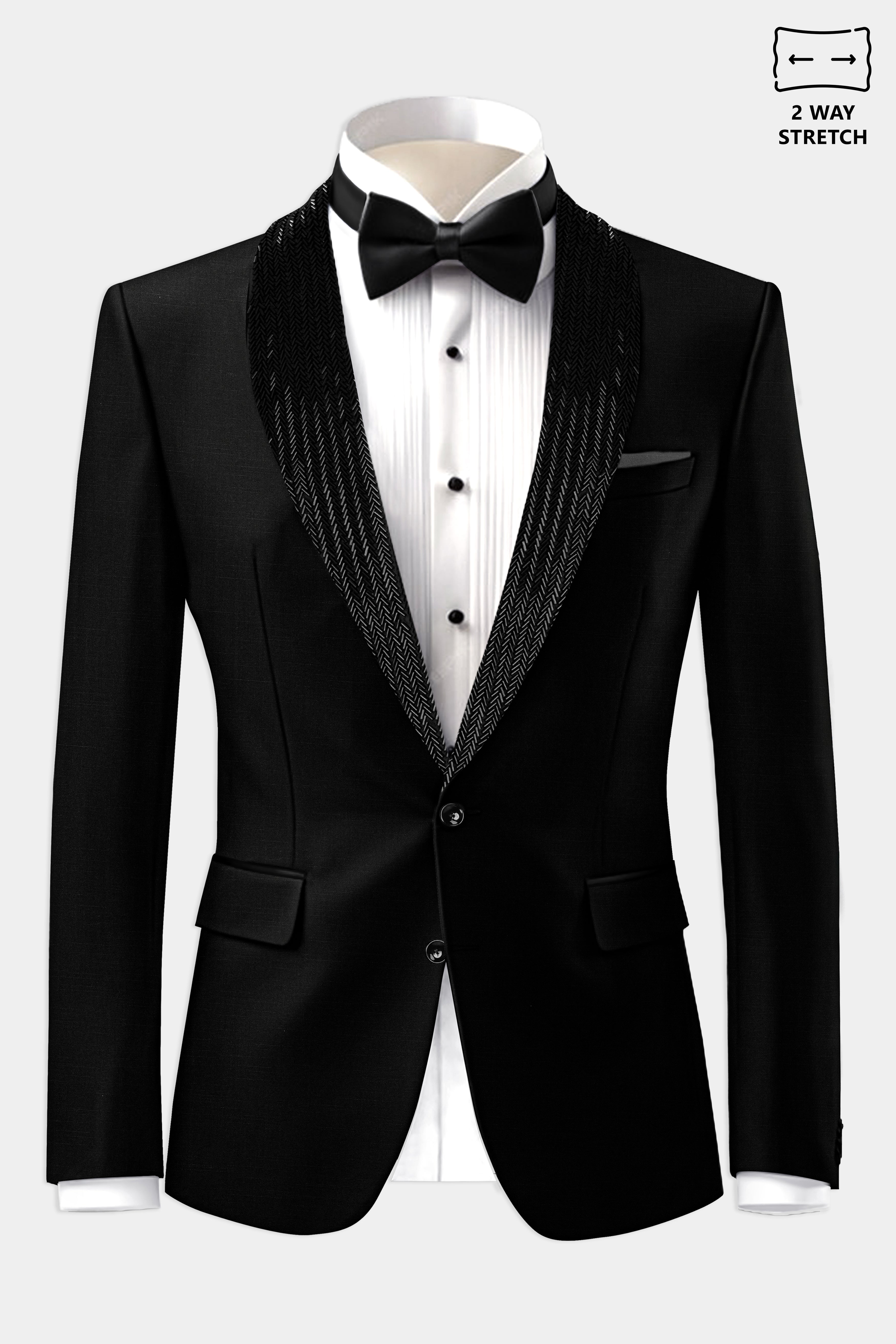 Jade Black Stretchable Subtle Sheen Wool Rich Hand Crafted Designer Tuxedo Suit