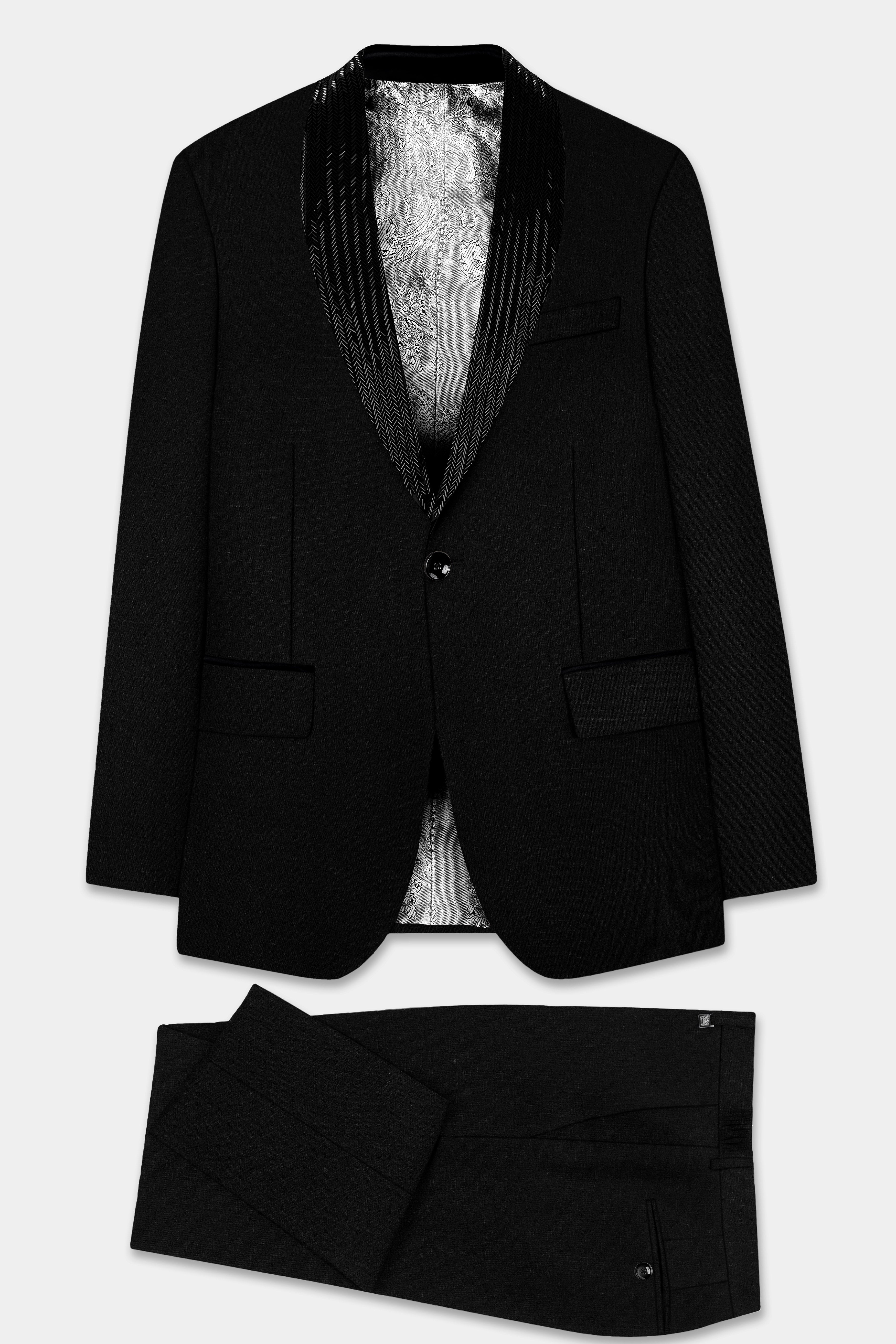 Jade Black Stretchable Subtle Sheen Wool Rich Hand Crafted Designer Tuxedo Suit