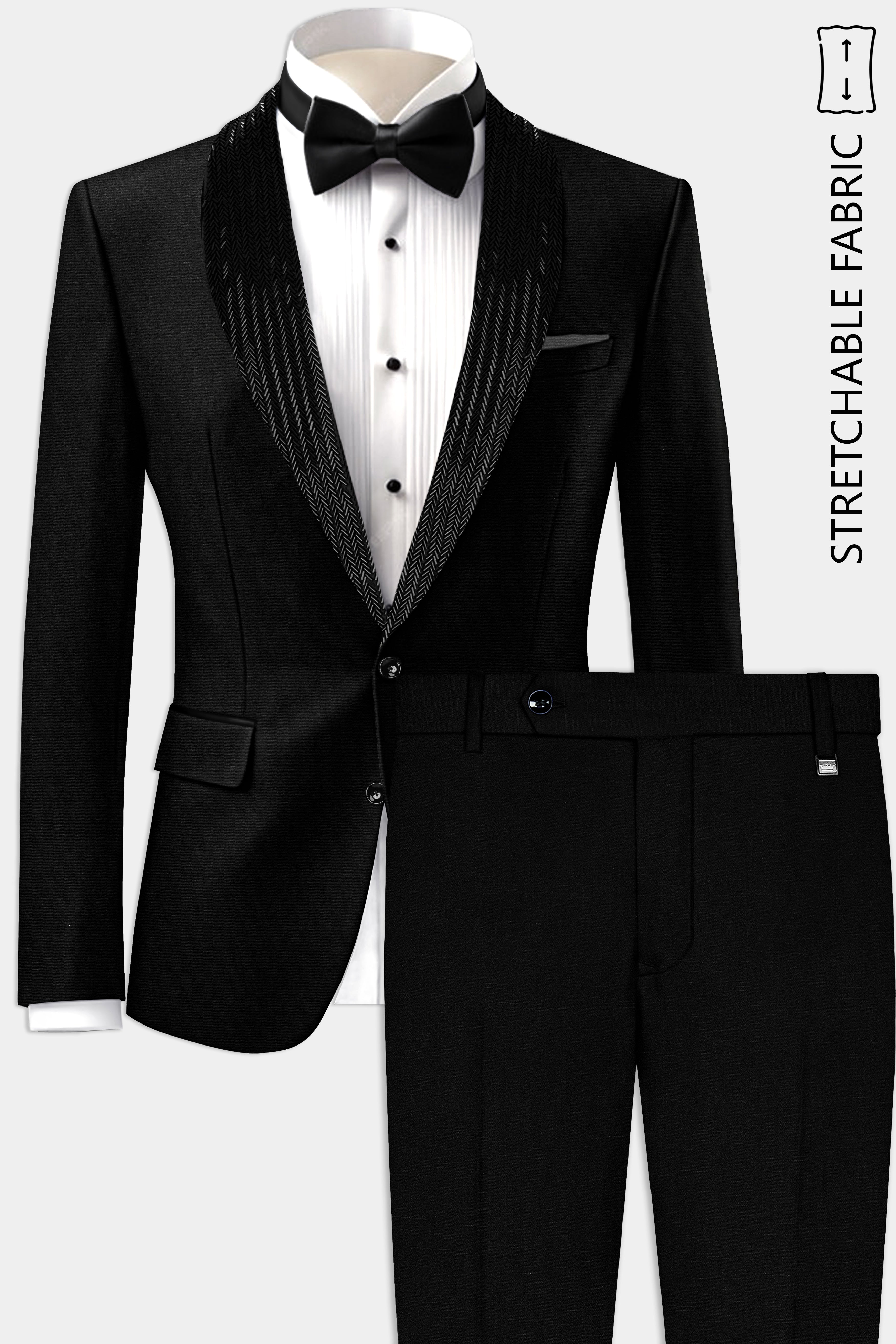 Jade Black Stretchable Subtle Sheen Wool Rich Hand Crafted Designer Tuxedo Suit