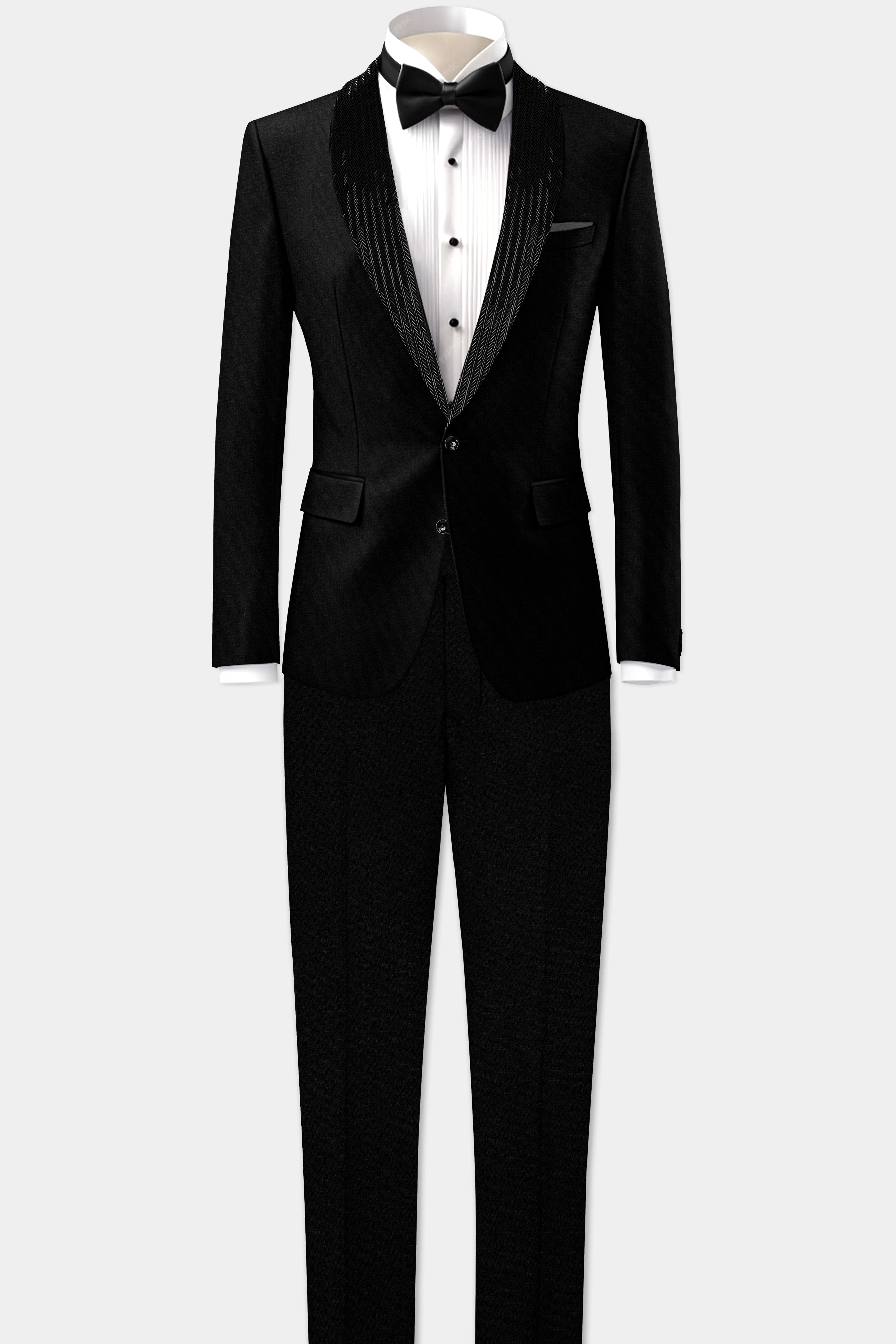 Jade Black Stretchable Subtle Sheen Wool Rich Hand Crafted Designer Tuxedo Suit